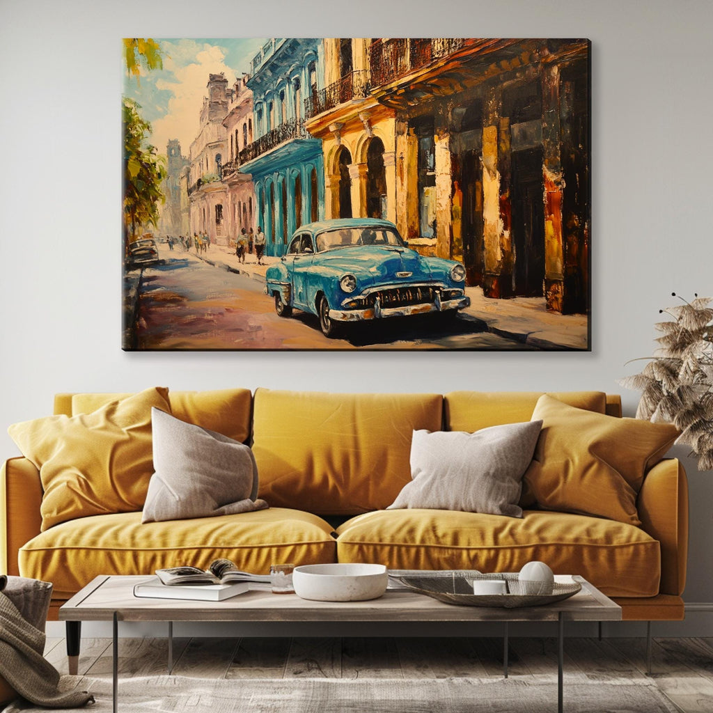 a painting of a blue car parked in front of a building