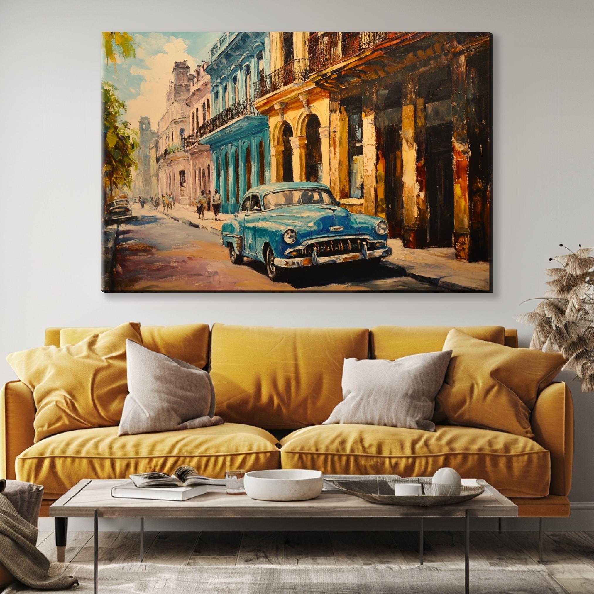 a painting of a blue car parked in front of a building