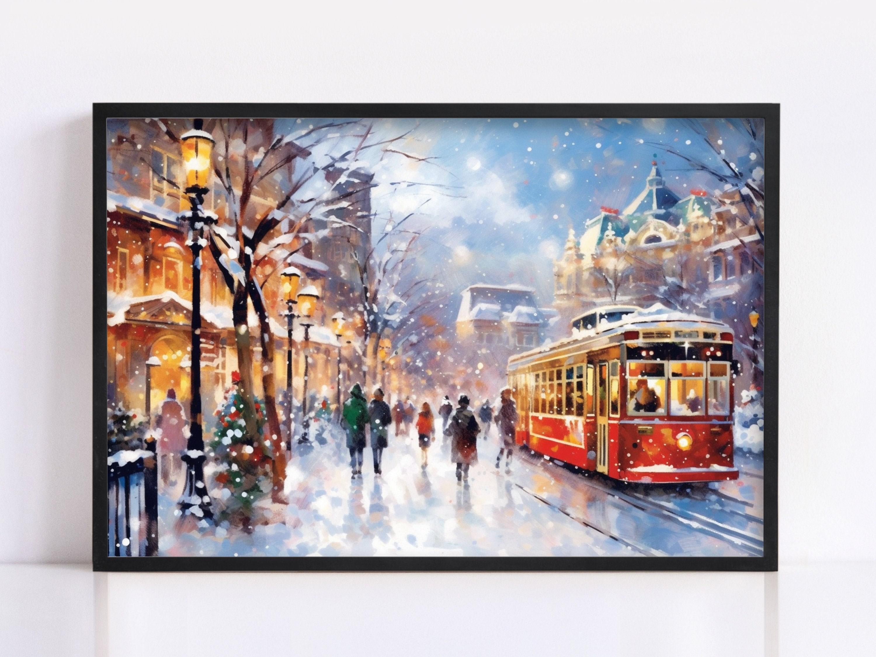Magical Wintery City Watercolor - Classic Christmas Art, Print on Canvas, Artist Paper, Watercolor Paper, Available in Extra Large Sizes
