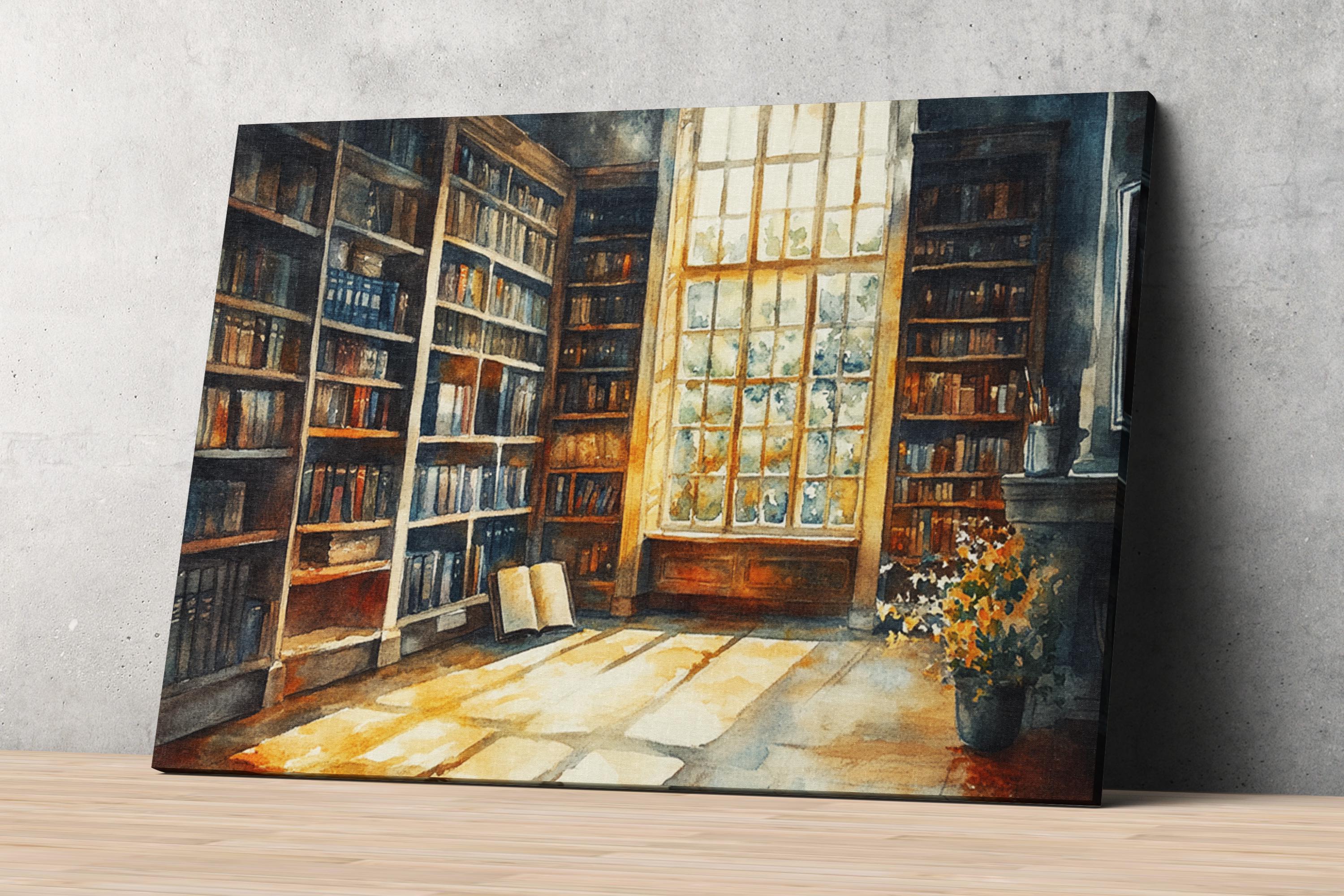 a serene and inviting library scene, with tall bookshelves filled with books, a large window allowing natural light to flood the room, and a potted plant adding a touch of greenery.