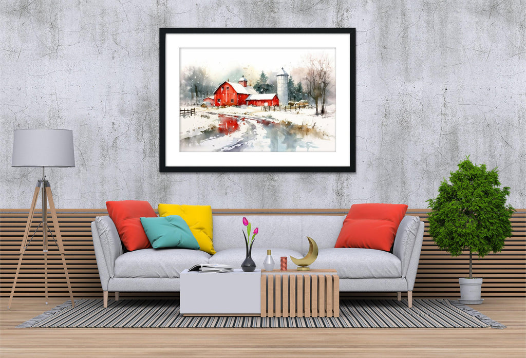 Rural Christmas Watercolor - Festive Farmhouse Art, Giclee Print on Canvas, Artist Paper, Watercolor Paper, Available in Extra Large Sizes