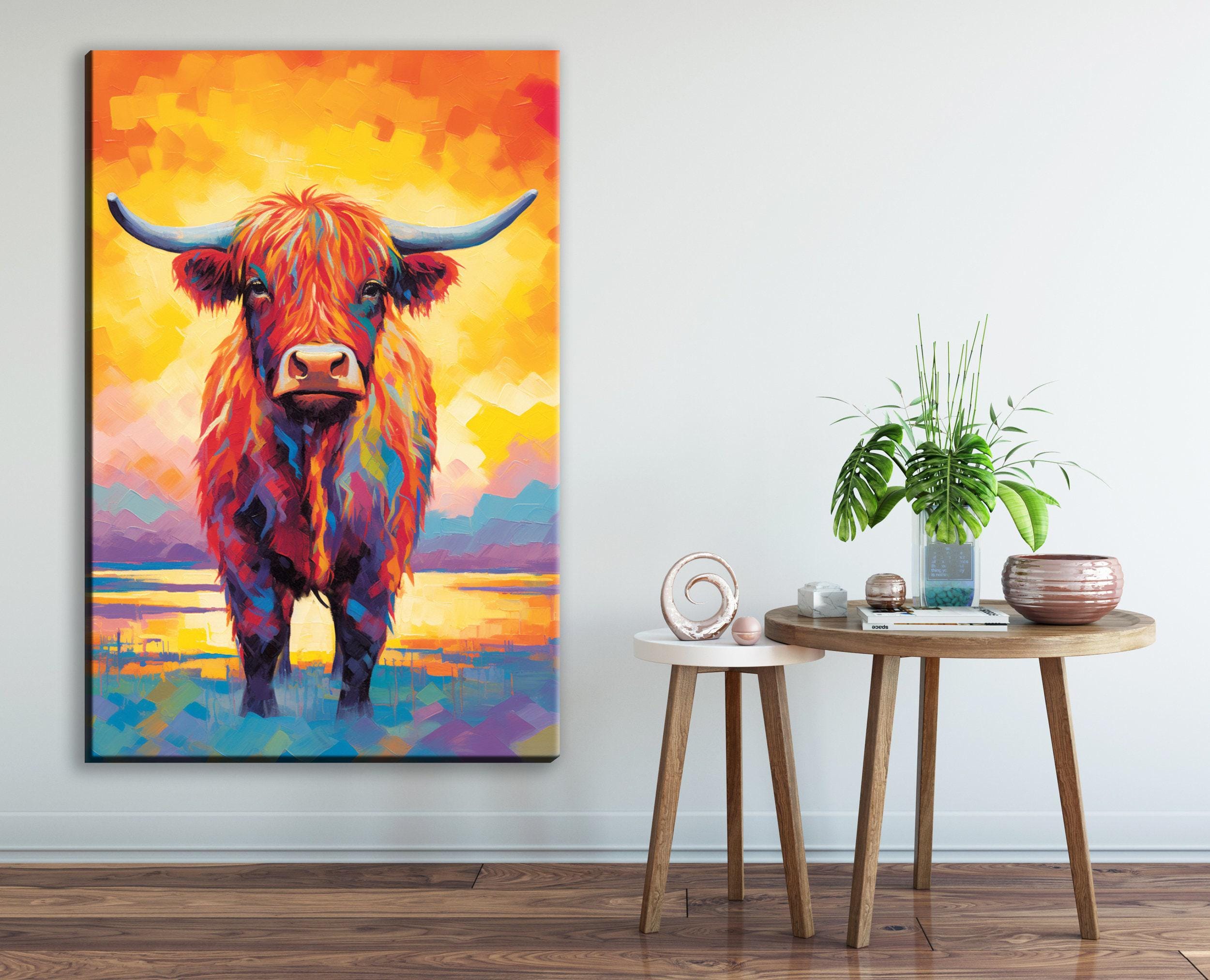 Highland Cow Canvas – Rustic Farmhouse Wall Art, Large Colorful Cow Painting