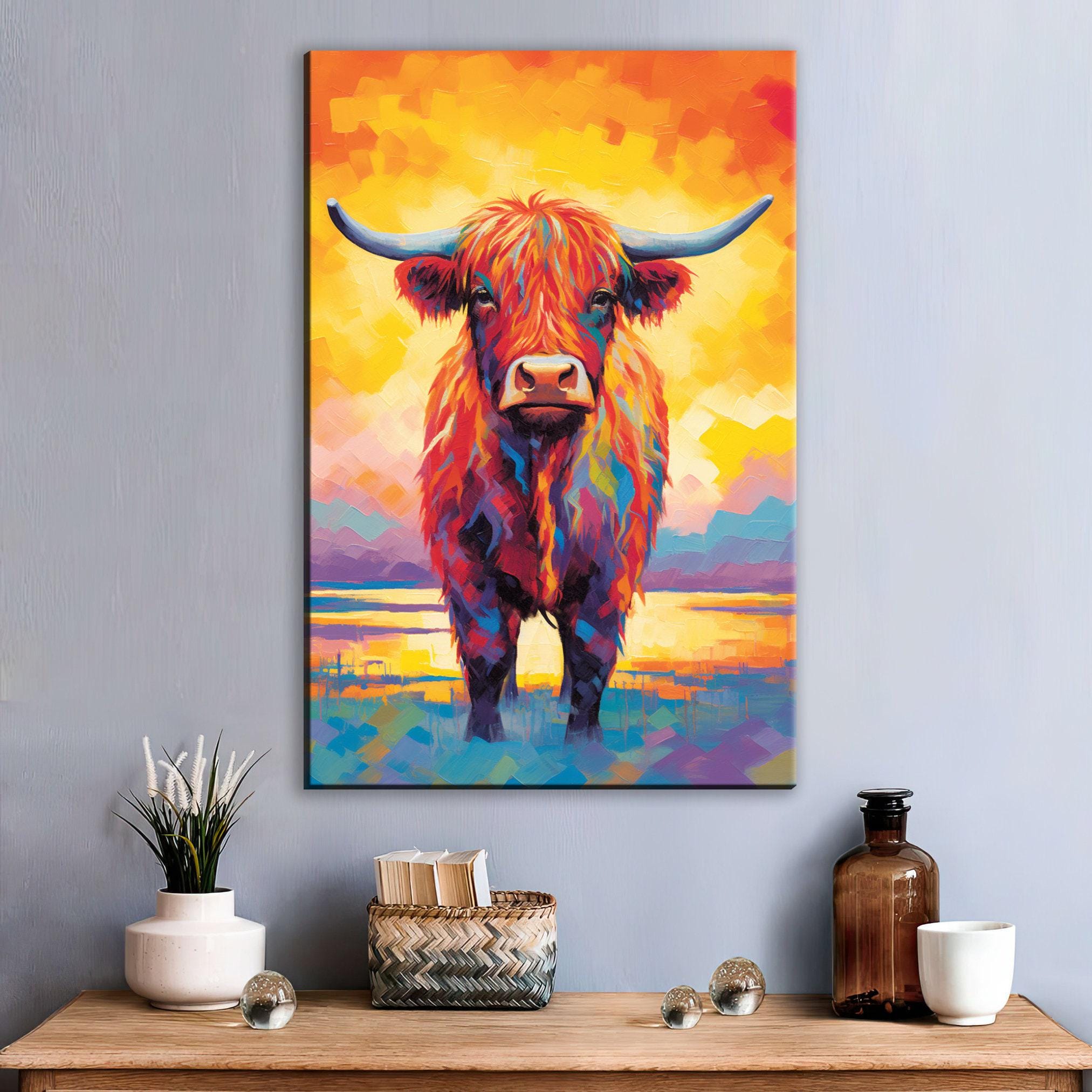 Highland Cow Canvas – Rustic Farmhouse Wall Art, Large Colorful Cow Painting