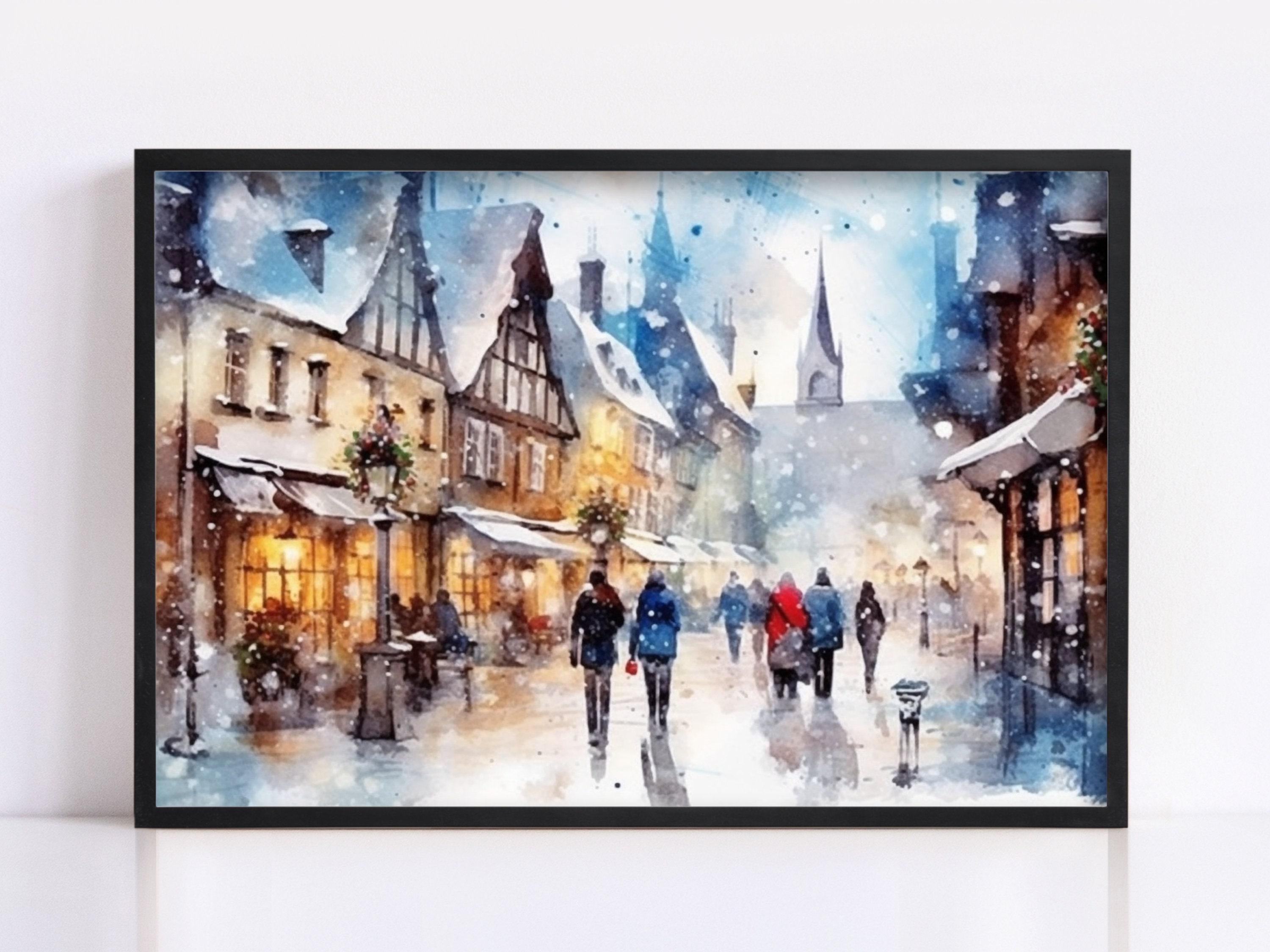Watercolor Christmas Village - Festive Winter Decor, Giclee Print on Canvas, Artist Paper, Watercolor Paper, Available in Extra Large Sizes