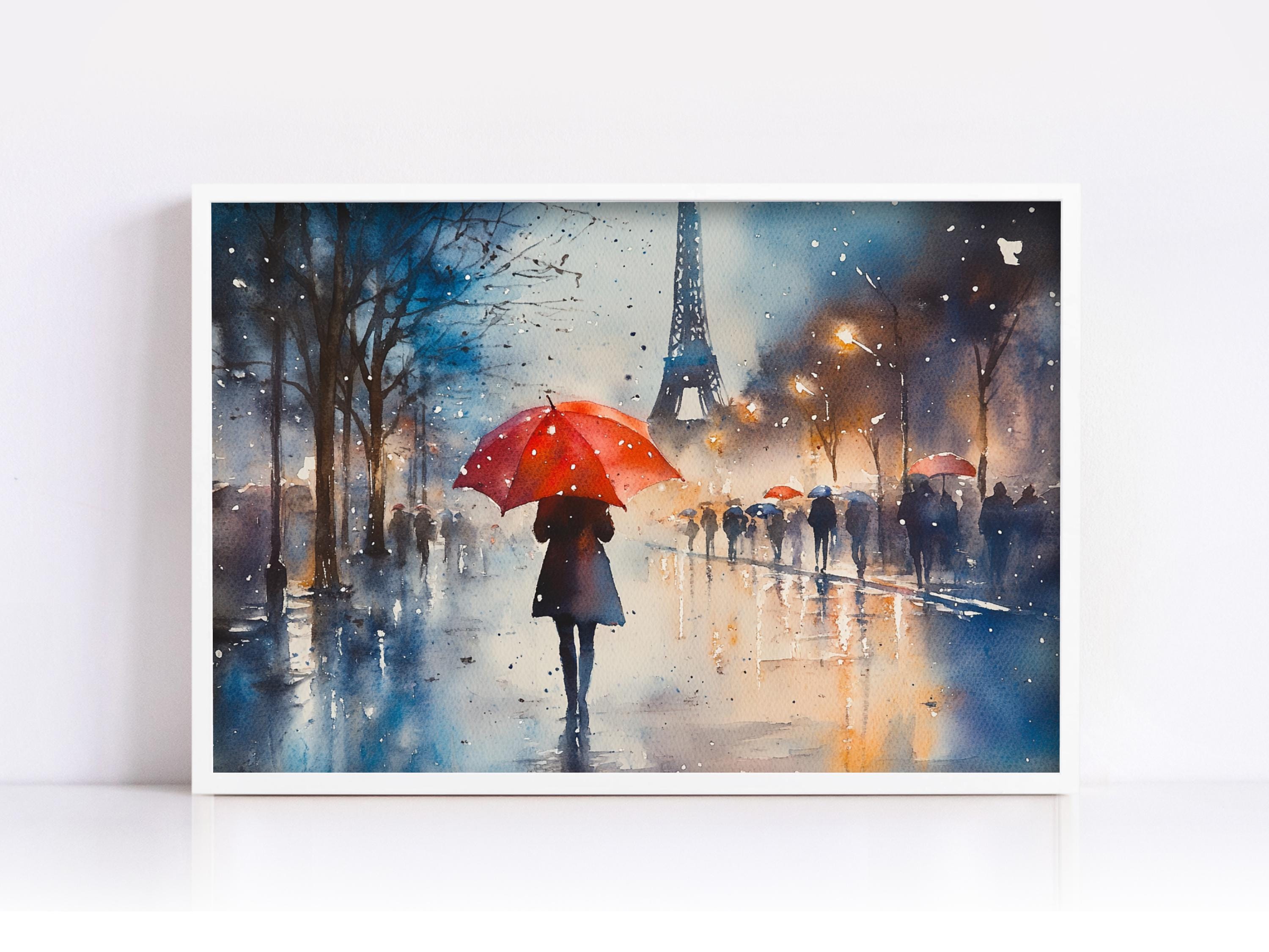 A watercolor painting depicting a rainy day scene with a person walking under a red umbrella, with the Eiffel Tower visible in the background.