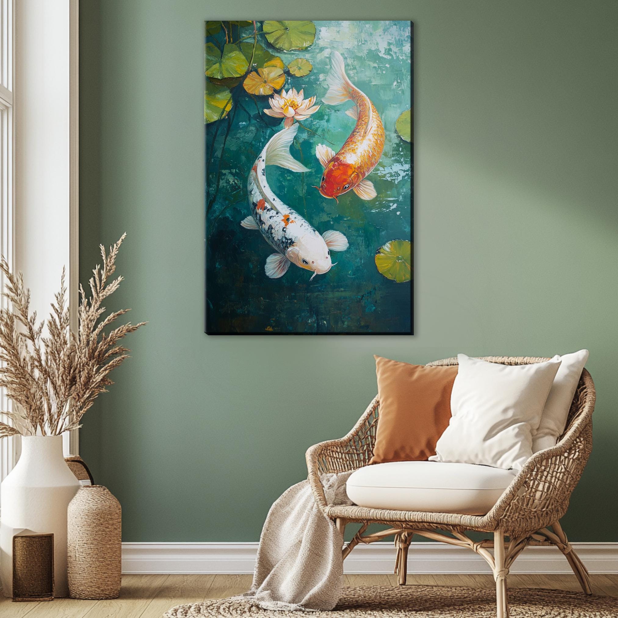 a painting of two koi fish swimming in a pond