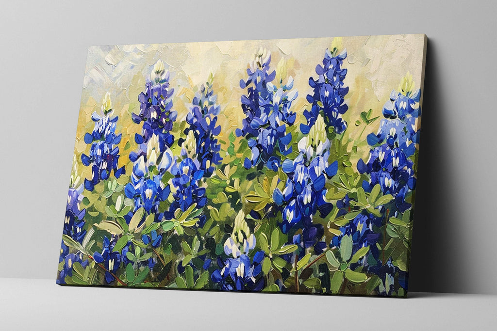 The image is a painting of a field of blue flowers, likely lilies, with green foliage surrounding them.