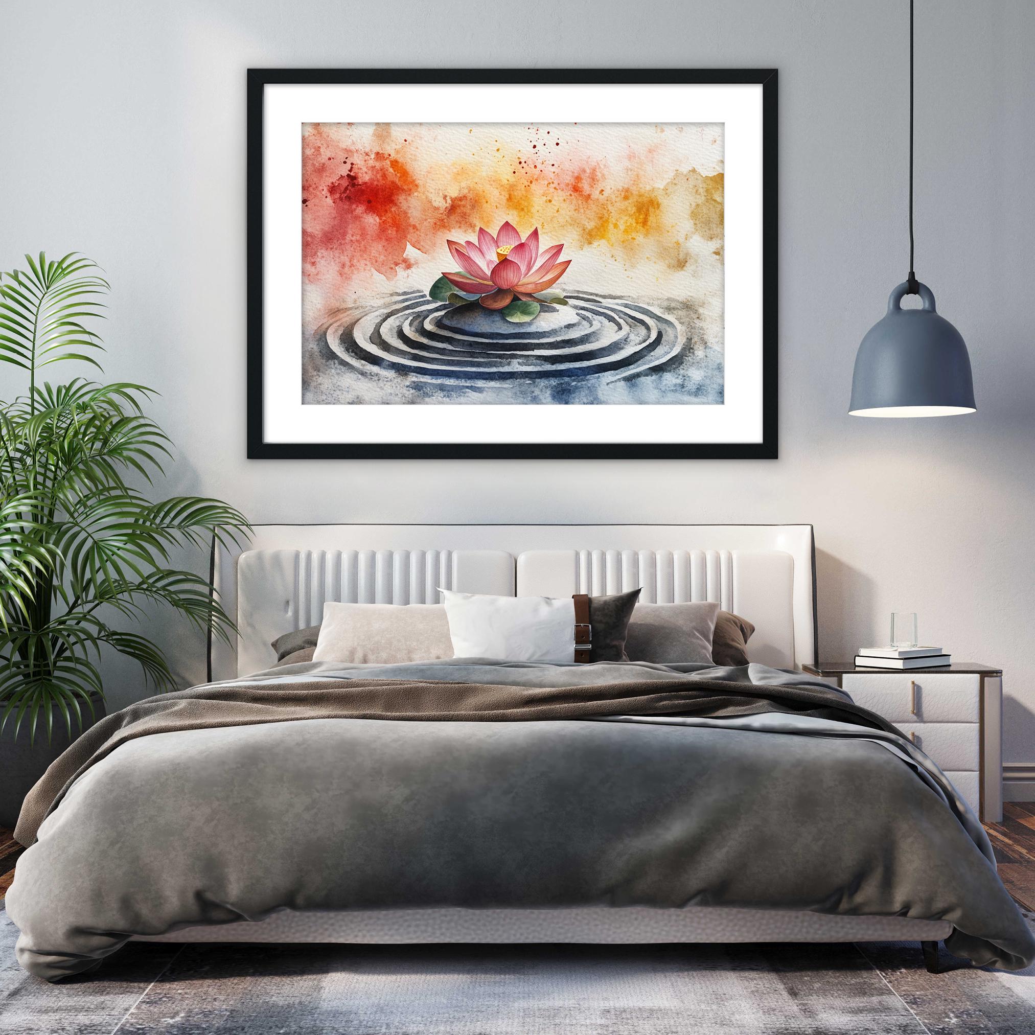 a serene bedroom scene with a large bed, a framed watercolor painting of a lotus flower on a pond, and a potted plant.