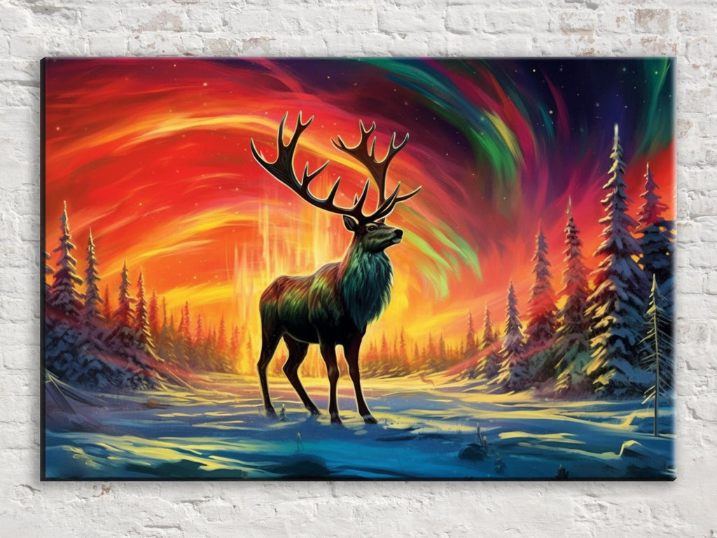 Winter Elk Canvas - Northern Lights Art | Extra Large Gallery Wrapped Print