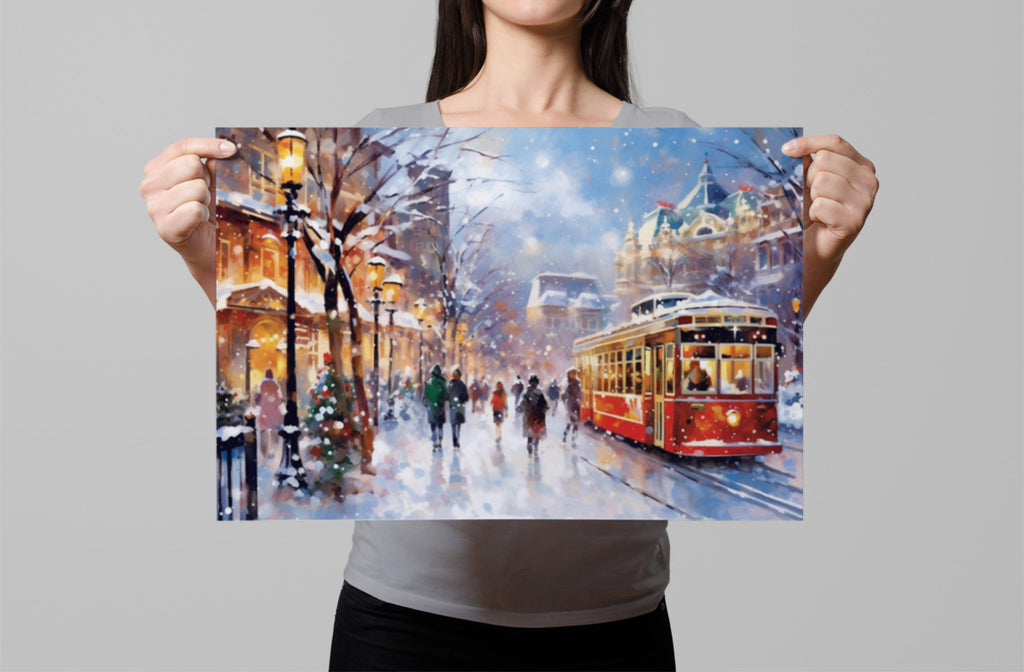 Magical Wintery City Watercolor - Classic Christmas Art, Print on Canvas, Artist Paper, Watercolor Paper, Available in Extra Large Sizes