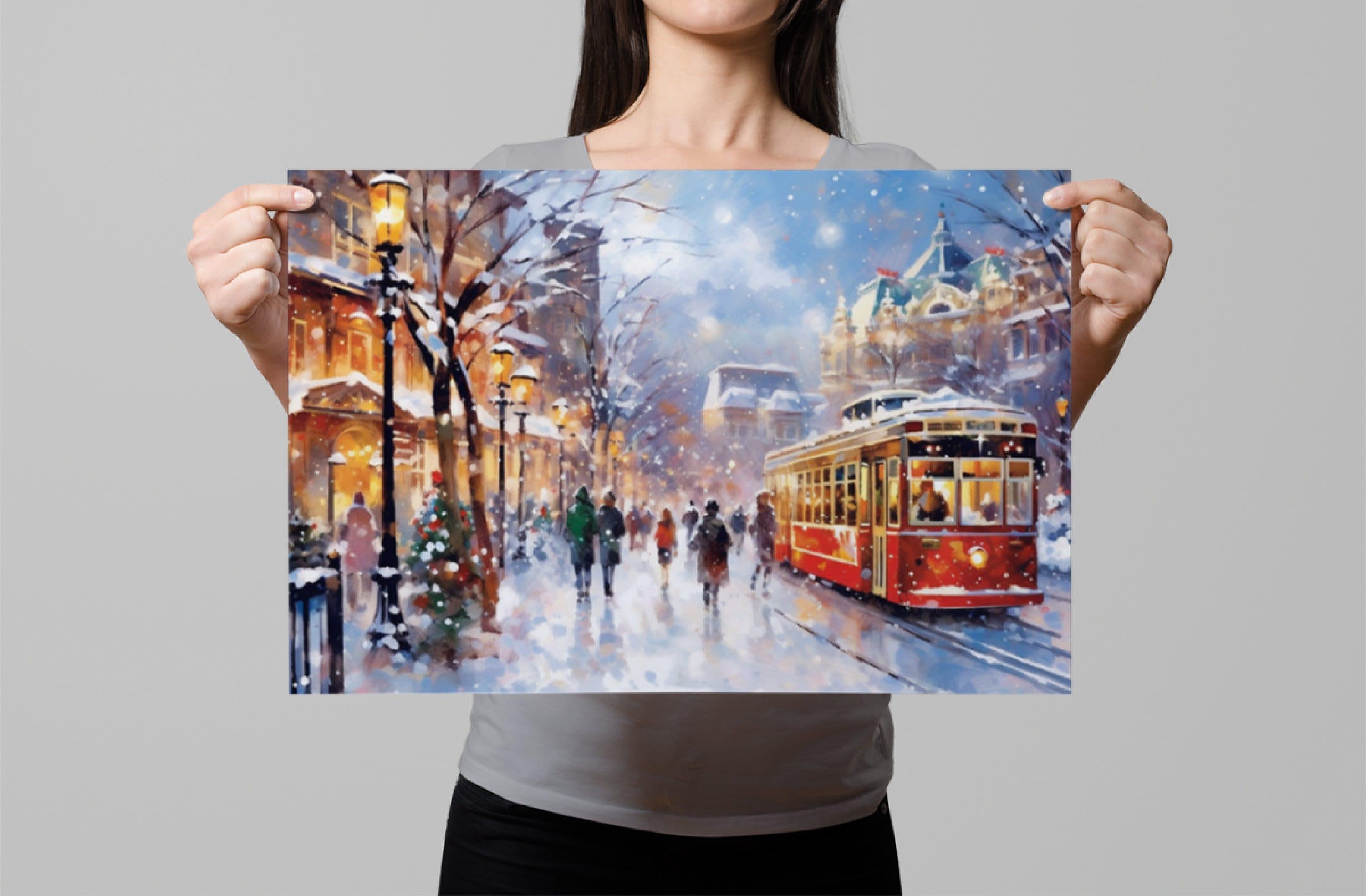 Magical Wintery City Watercolor - Classic Christmas Art, Print on Canvas, Artist Paper, Watercolor Paper, Available in Extra Large Sizes