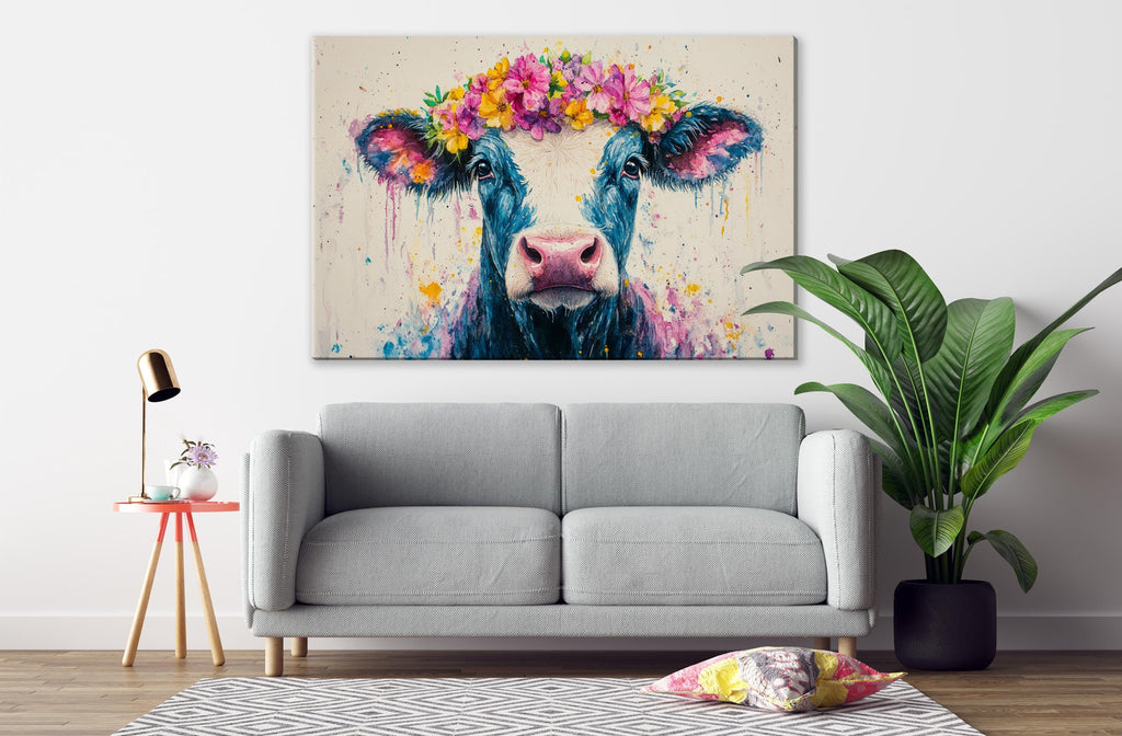 a large, colorful painting of a cow with a flower crown on its head, hanging on a wall above a gray sofa in a living room setting.