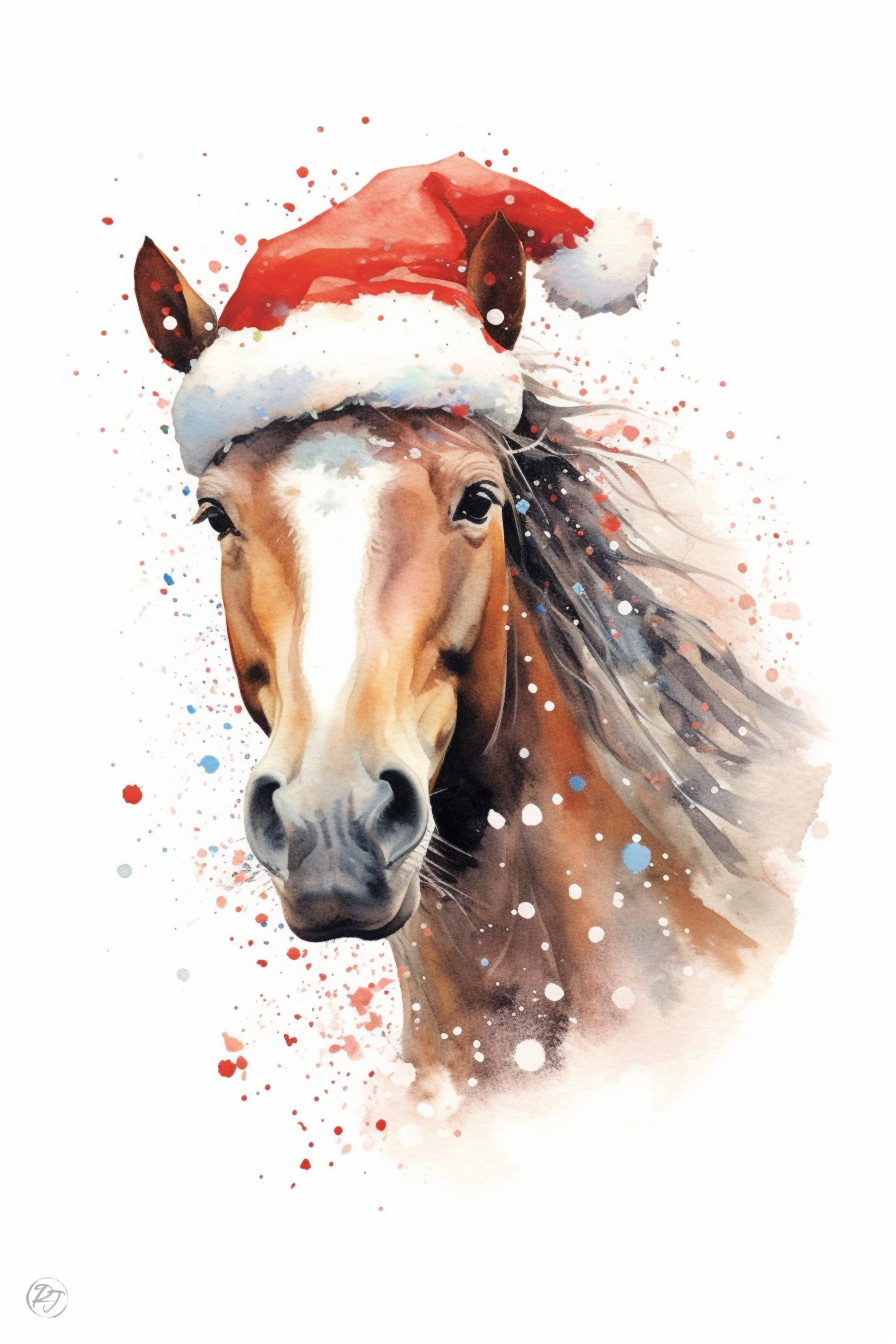 Christmas Equine - Watercolor Horse with Santa Hat, Giclee Print on Canvas, Artist Paper, Watercolor Paper, Available in Extra Large Sizes