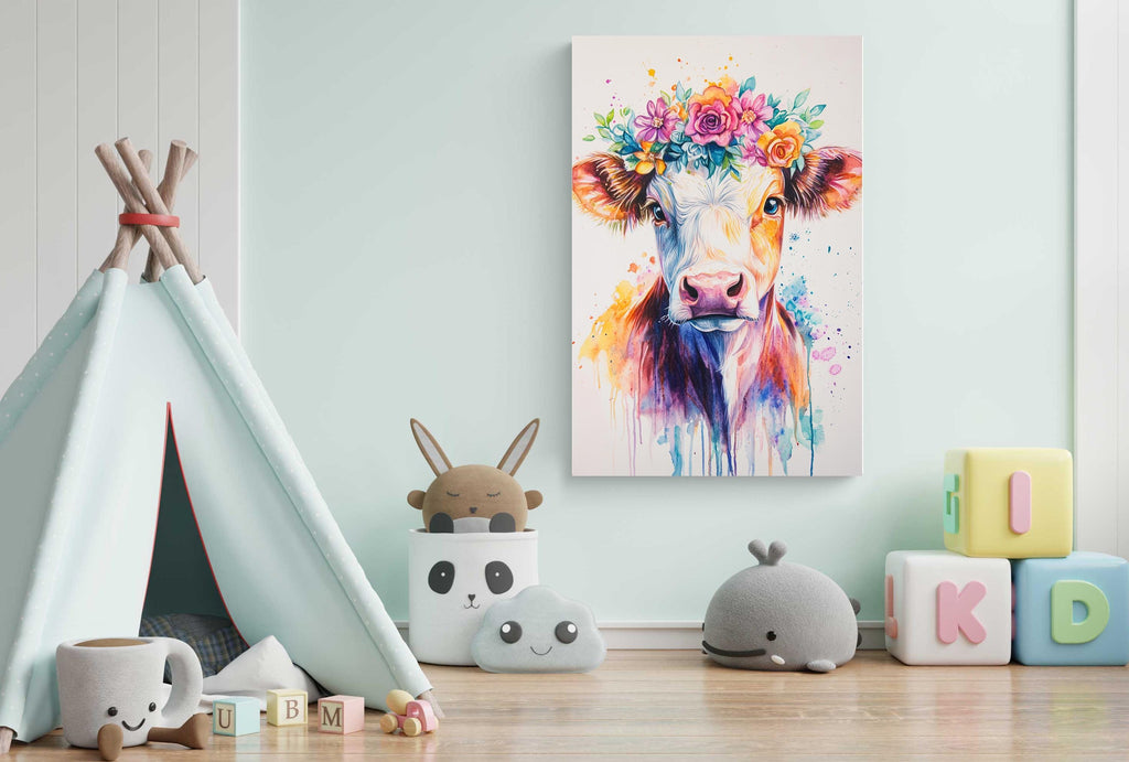 A colorful cow painting with a flower crown hangs on a wall, surrounded by a teepee, stuffed animals, and alphabet blocks in a child's bedroom.