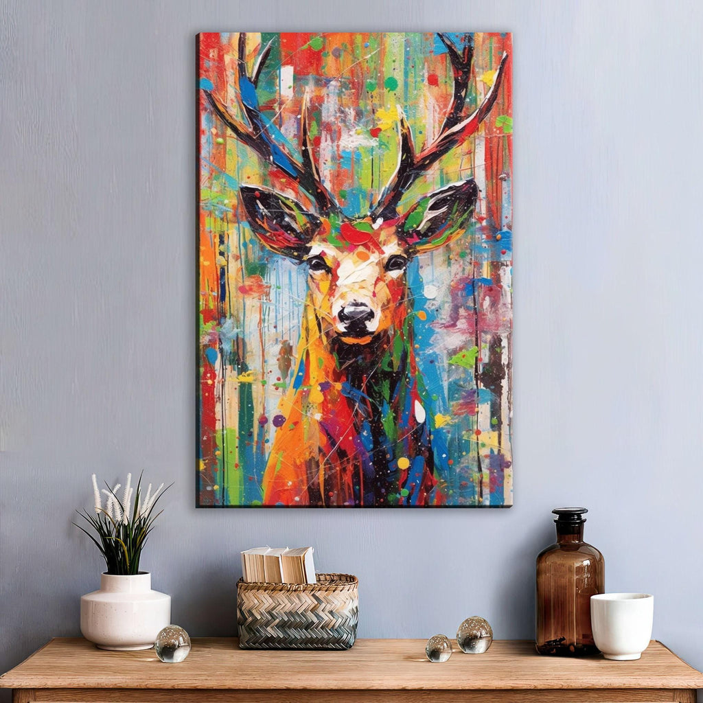 Christmas Reindeer Art - Colorful Pop Art Holiday Wall Decor | Extra Large Canvas Print