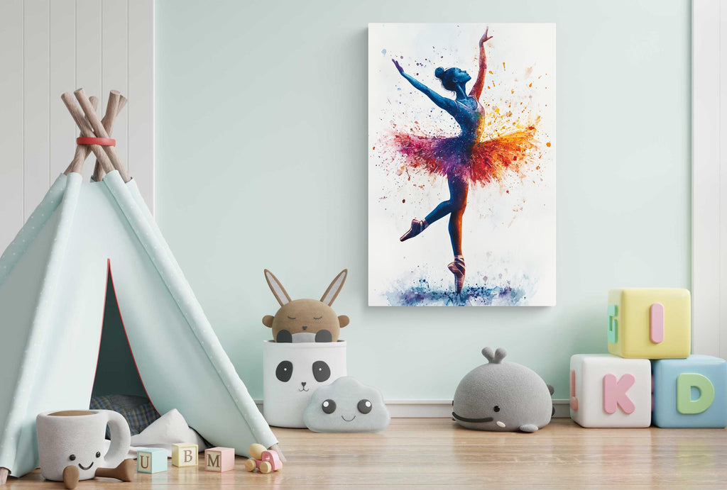 A colorful painting of a ballerina in a tutu, surrounded by various toys and decorations, including a teepee, stuffed animals, and alphabet blocks.