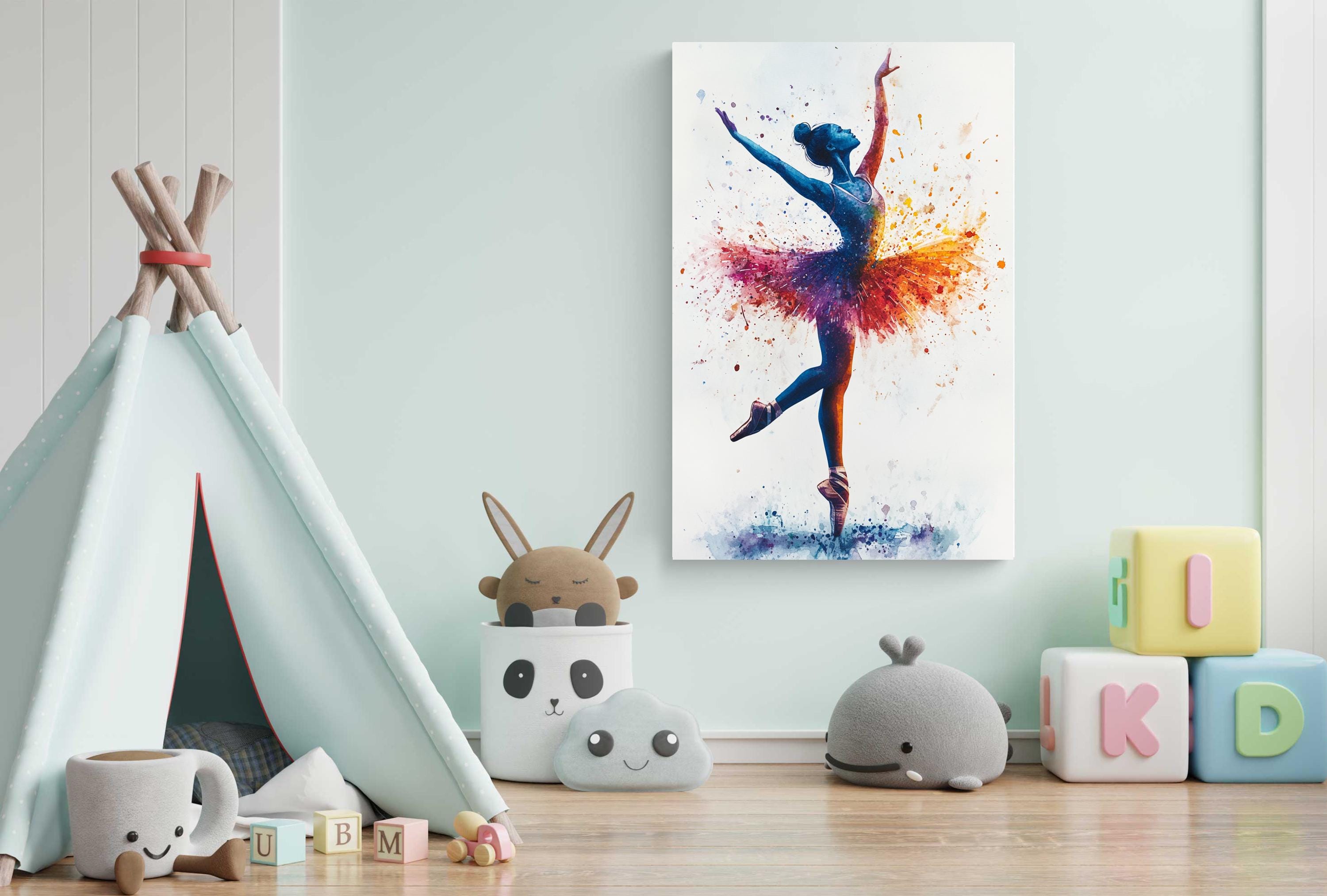 A colorful painting of a ballerina in a tutu, surrounded by various toys and decorations, including a teepee, stuffed animals, and alphabet blocks.