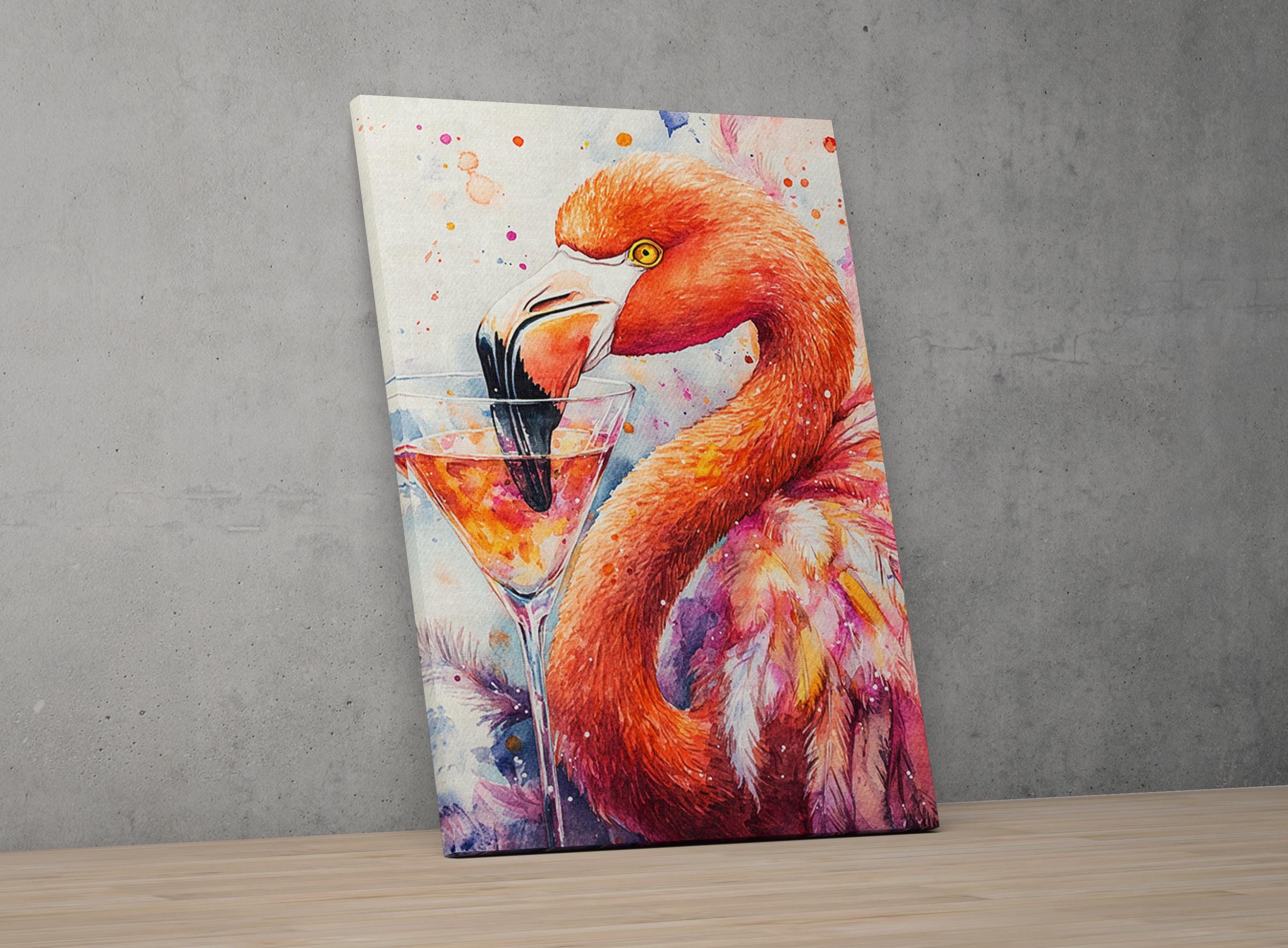 A vibrant painting of a flamingo holding a cocktail glass, set against a colorful background.
