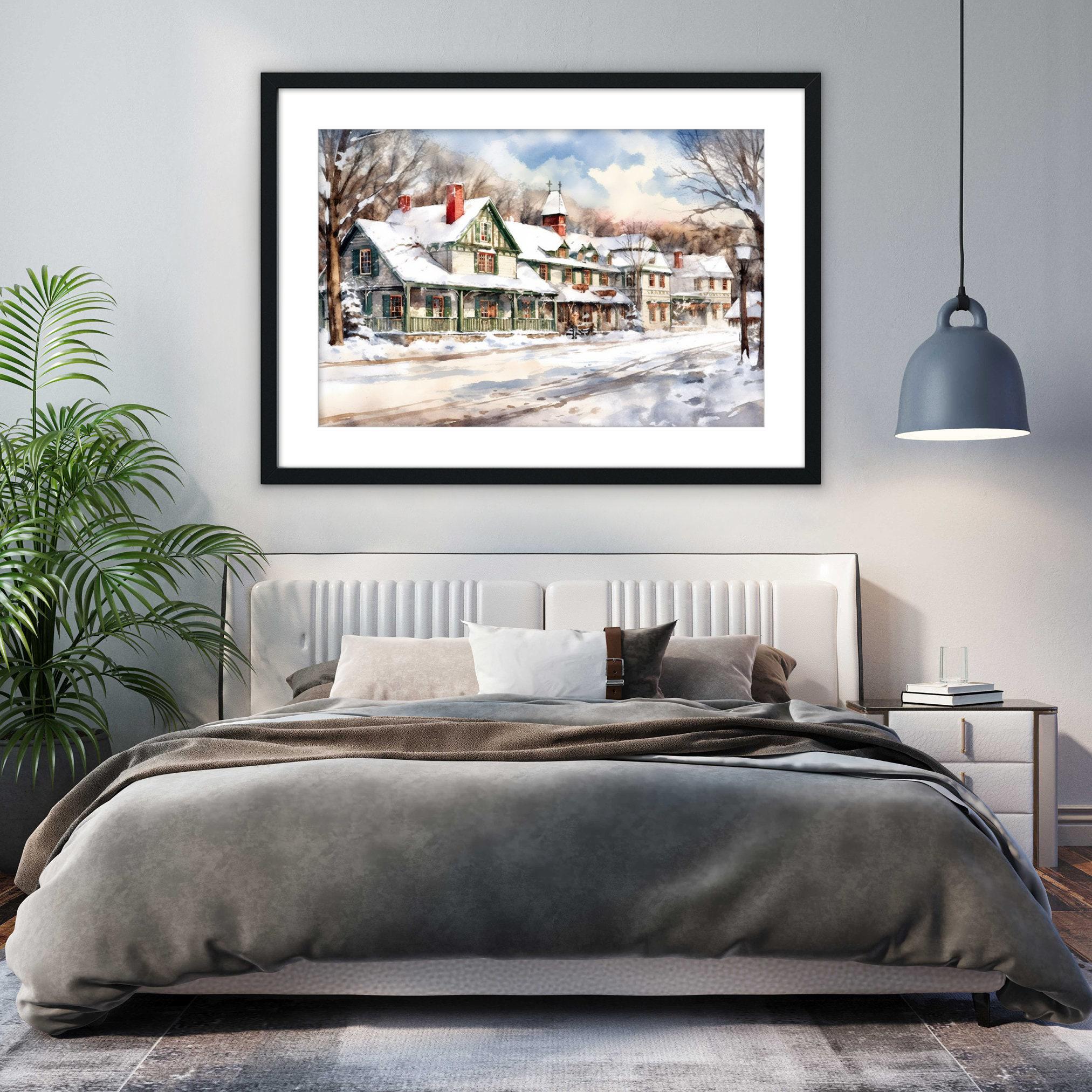 Traditional Christmas Scene Watercolor Art - Snowy Winter, Print on Canvas, Artist Paper, Watercolor Paper, Available in Extra Large Sizes