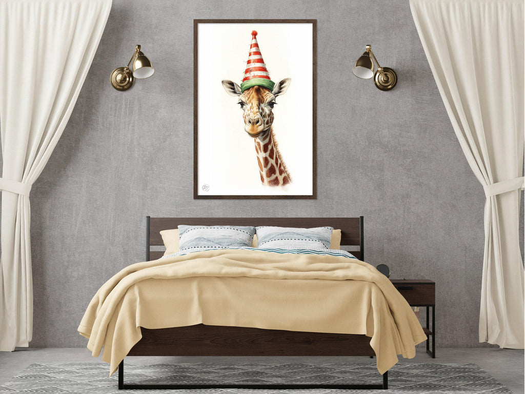 Christmas Safari - Watercolor Giraffe with Santa Hat, Giclee Print on Canvas, Artist Paper, Watercolor Paper, Available in Extra Large Sizes