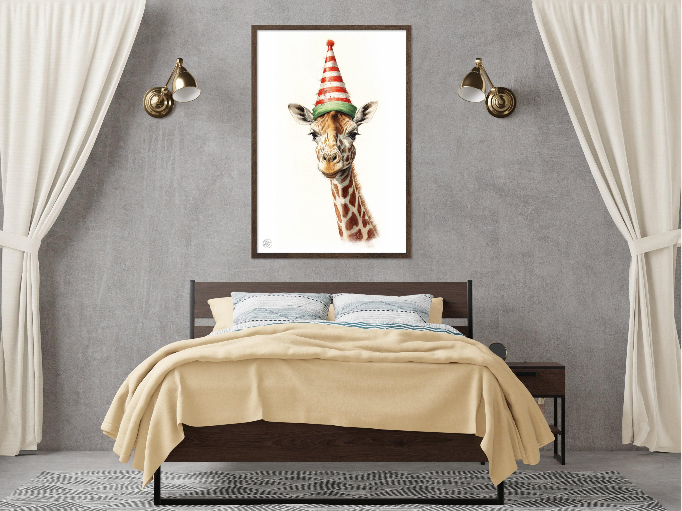 Christmas Safari - Watercolor Giraffe with Santa Hat, Giclee Print on Canvas, Artist Paper, Watercolor Paper, Available in Extra Large Sizes
