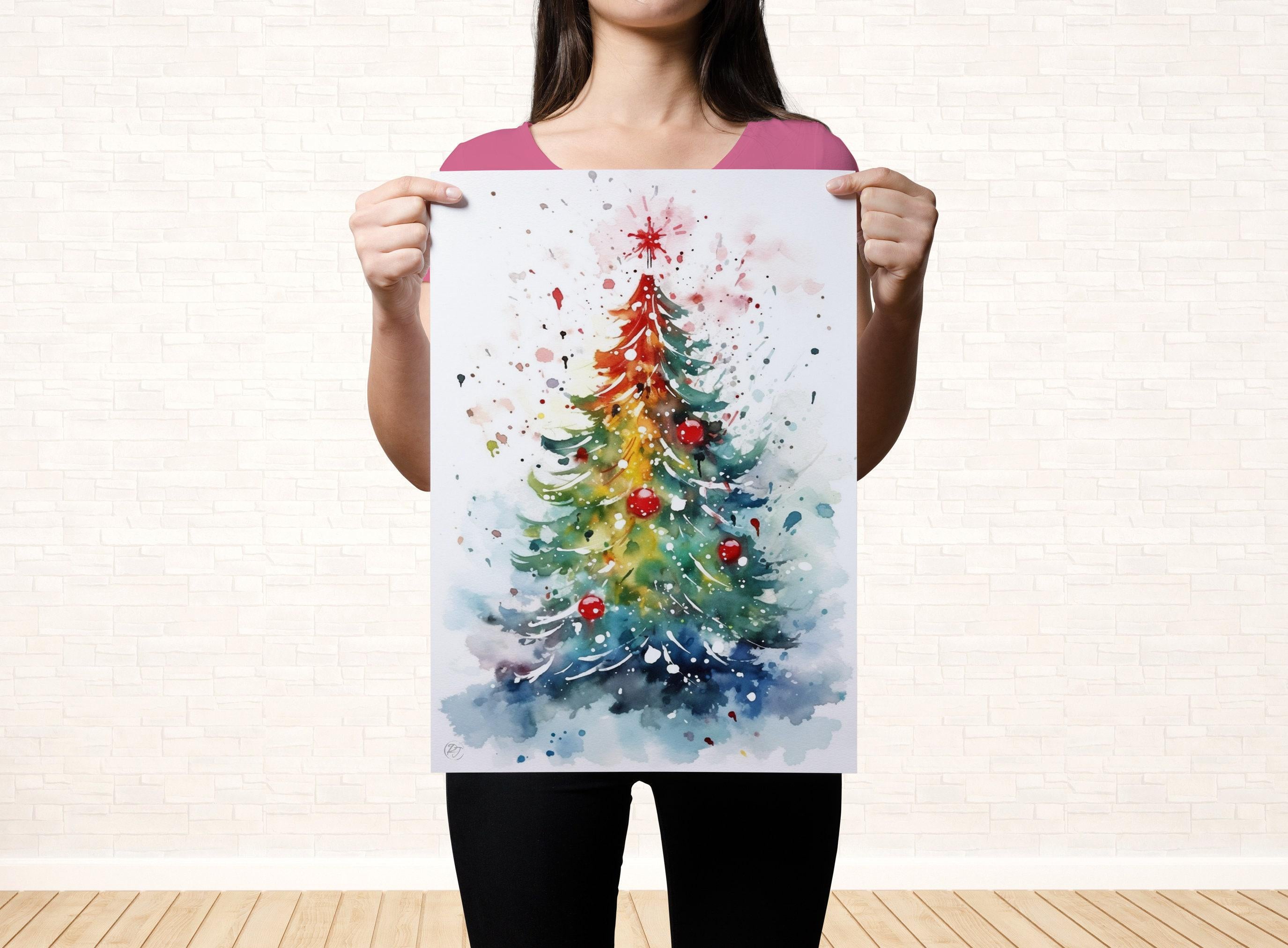 Watercolor Christmas Tree - Festive Holiday Wall Art, Giclee Print on Canvas, Artist Paper, Watercolor Paper, Available in Extra Large Sizes