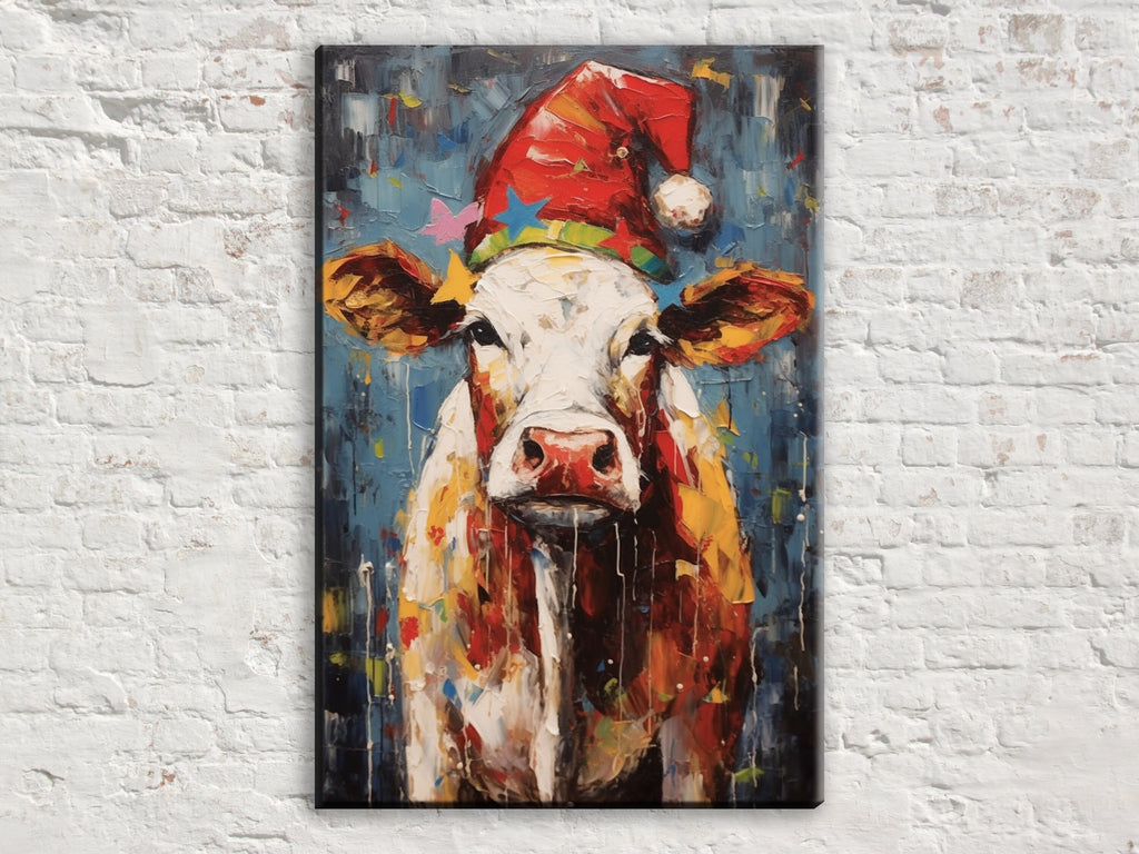 Festive Cow Canvas - Whimsical Christmas Wall Art | Holiday Farm Art Print