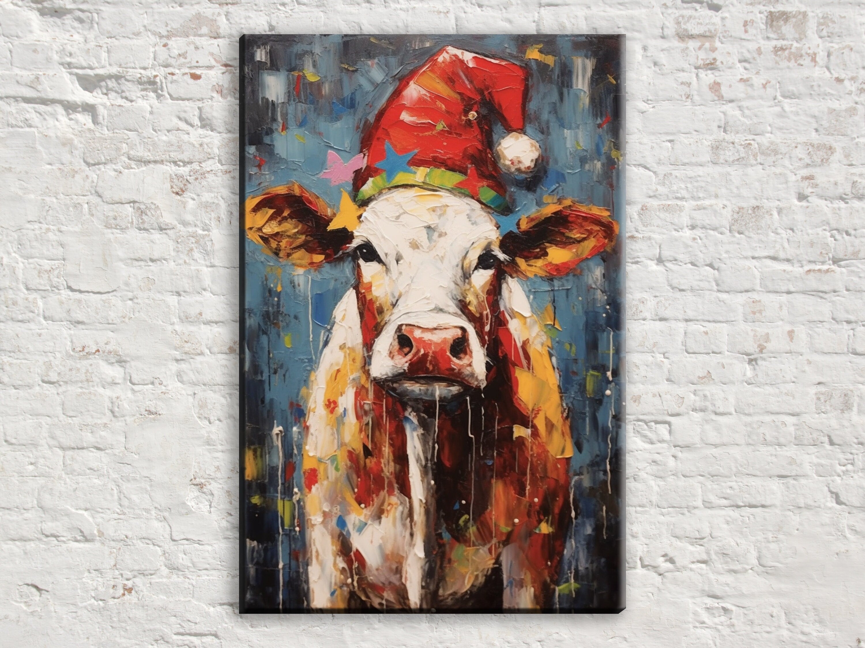 Festive Cow Canvas - Whimsical Christmas Wall Art | Holiday Farm Art Print