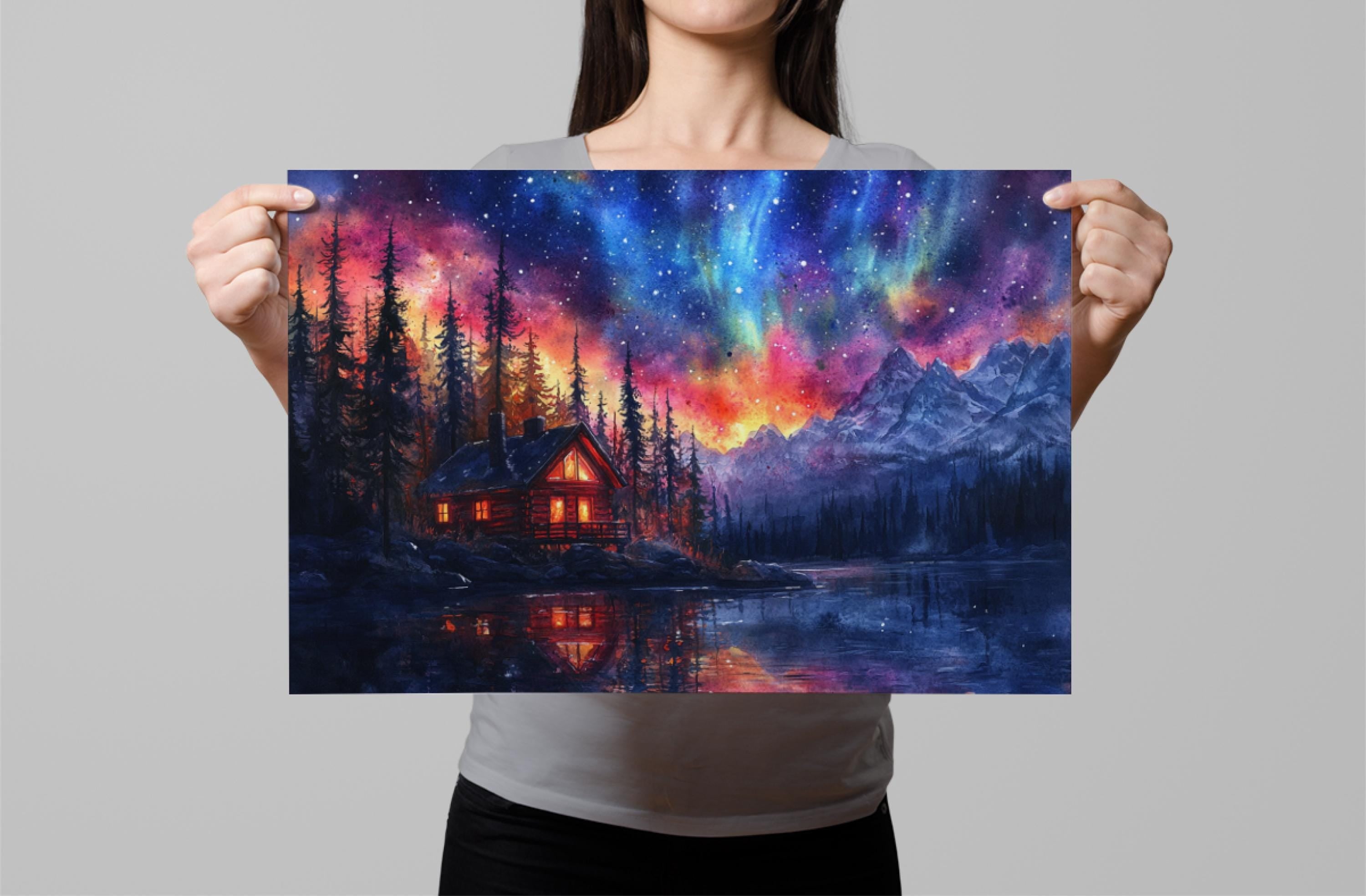A woman holds up a framed print depicting a serene landscape with a cabin nestled among pine trees, a lake reflecting the vibrant colors of the night sky, and mountains in the distance.
