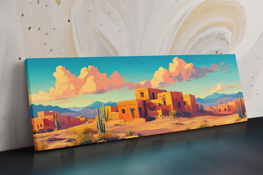 a painting of a desert scene with mountains in the background