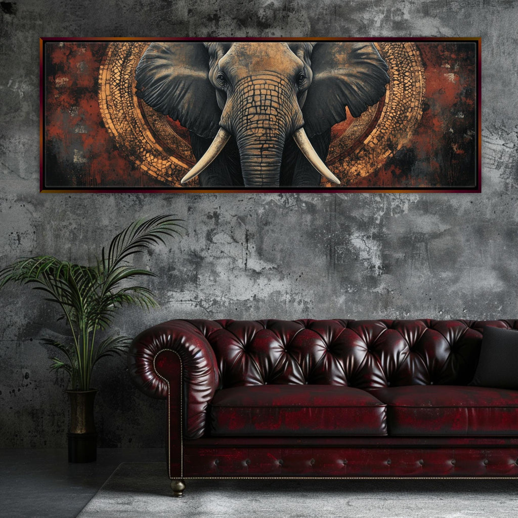 a painting of an elephant on a wall above a couch