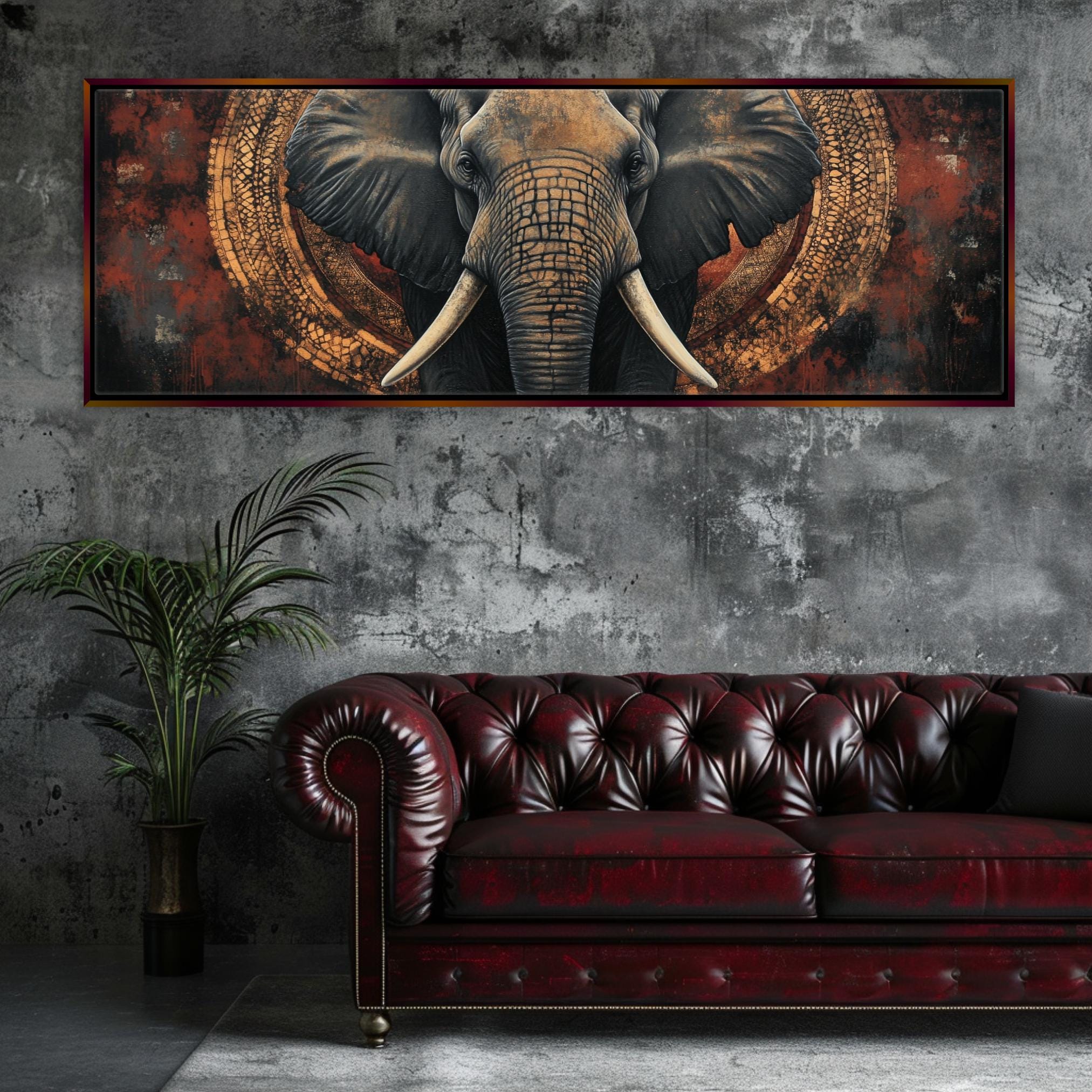 a painting of an elephant on a wall above a couch
