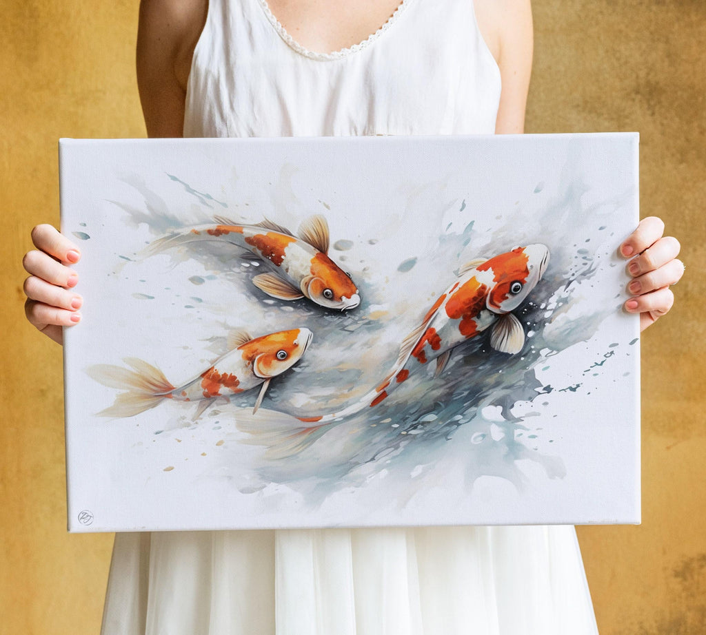 Serene Koi Fish Watercolor Wall Art - Giclee Print on Canvas, Artist Paper, Watercolor Paper, Available in Extra Large Sizes