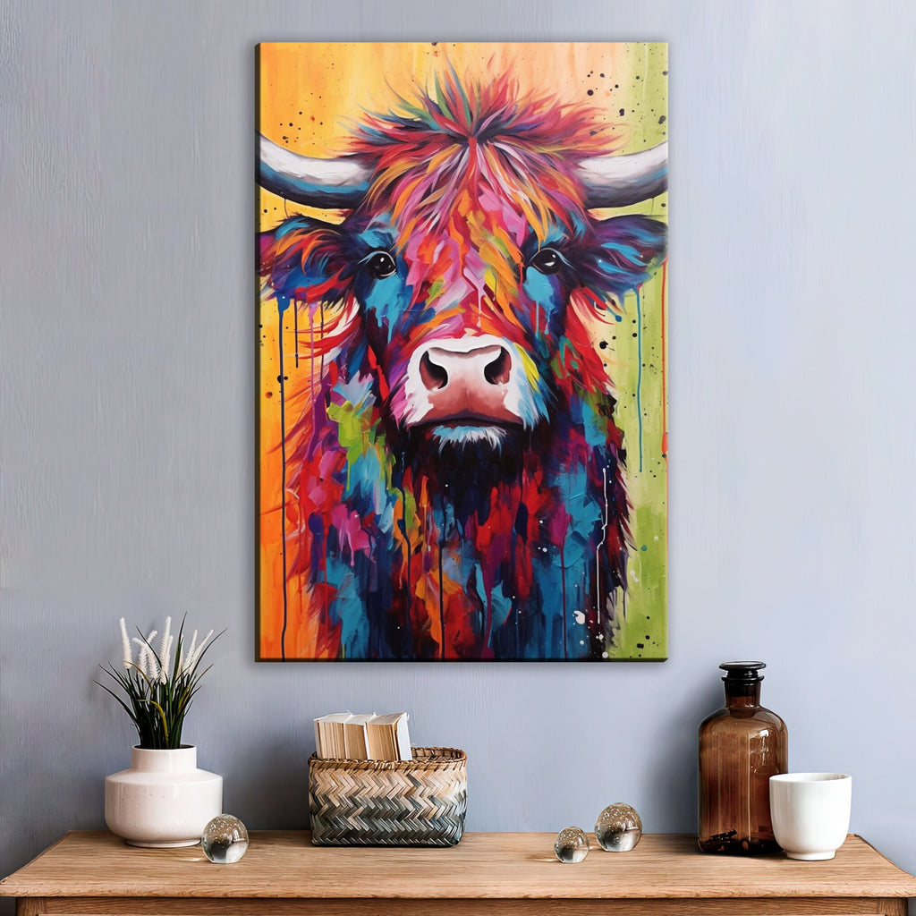 Baby Highland Cow Canvas - Colorful Rustic Calf Painting | Farmhouse Wall Art