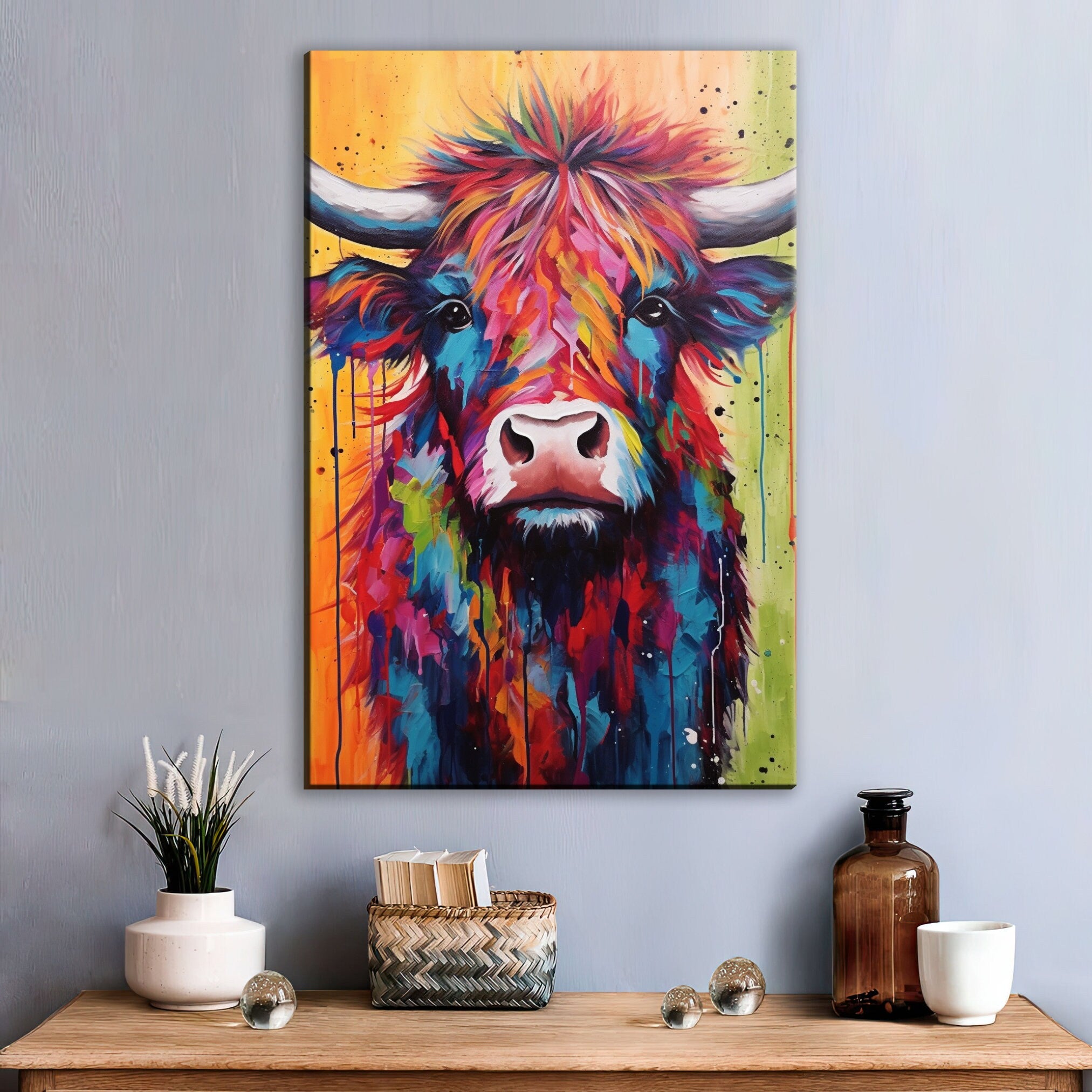 Baby Highland Cow Canvas - Colorful Rustic Calf Painting | Farmhouse Wall Art