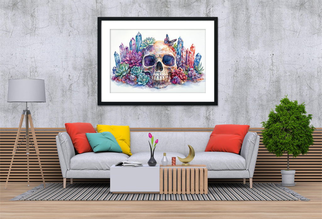 a modern living room with a gray sofa, a wooden coffee table, and a framed artwork of a skull surrounded by colorful crystals and plants.