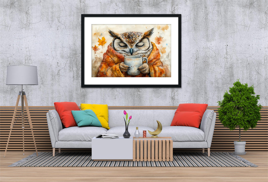 a cozy living room with a gray sofa adorned with colorful pillows, a wooden coffee table, and a framed painting of an owl holding a cup of coffee hanging on the wall above the sofa.