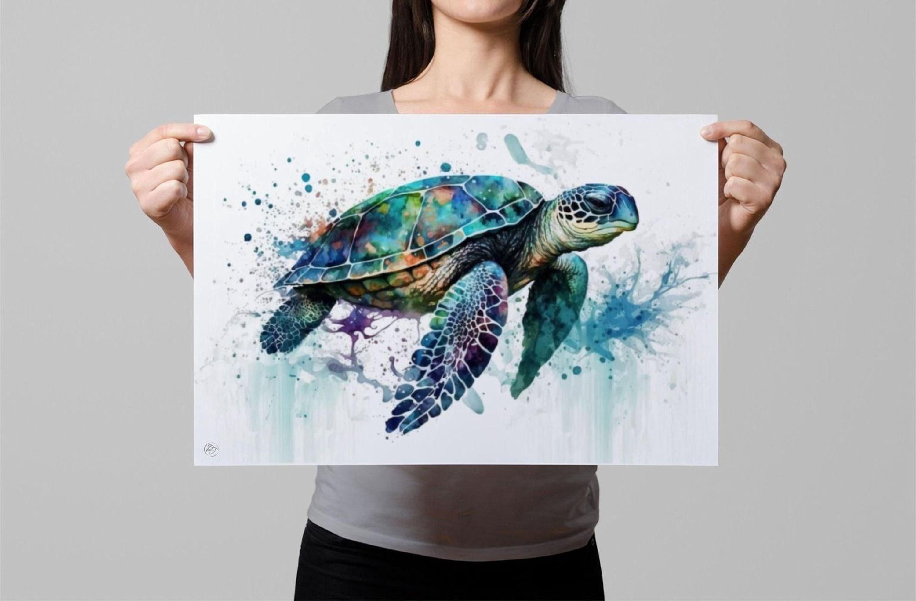 A woman is holding up a framed print of a colorful painting depicting a sea turtle swimming in the ocean.