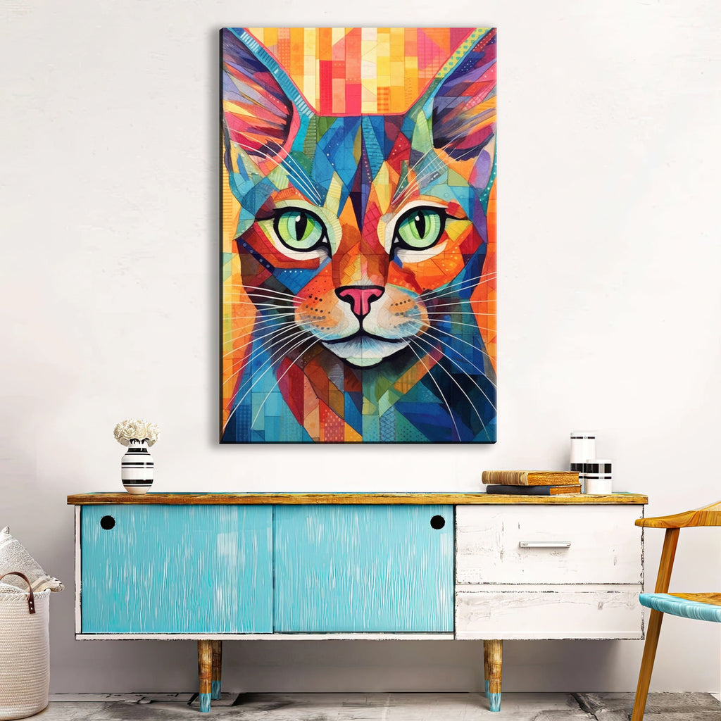 Cat Canvas Wall Art - Large Colorful Cat Portrait with Abstract Pop Art Painting