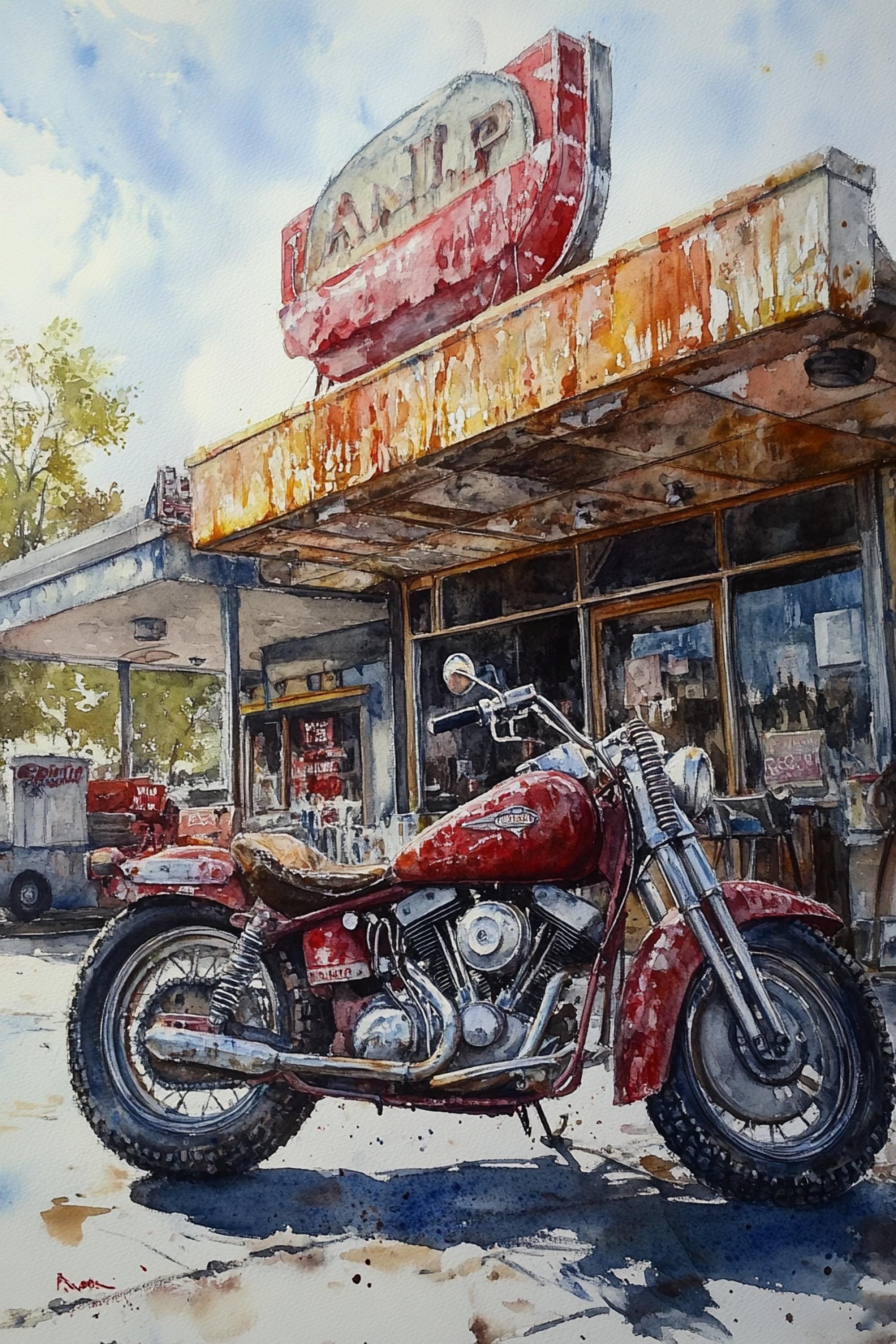 A red motorcycle parked in front of a dilapidated gas station with a faded sign.