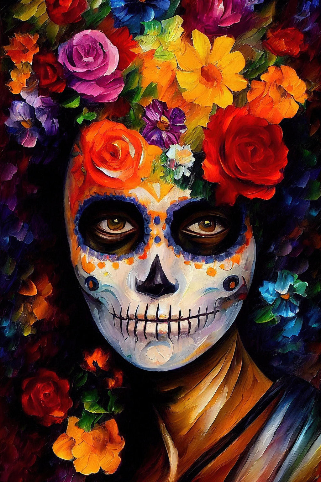 Sugar Skull Woman Canvas – Vibrant Day of the Dead Art | Floral Skull Print