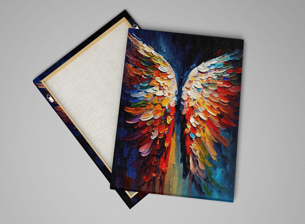 a vibrant painting of colorful, multicolored wings spread out against a dark background.