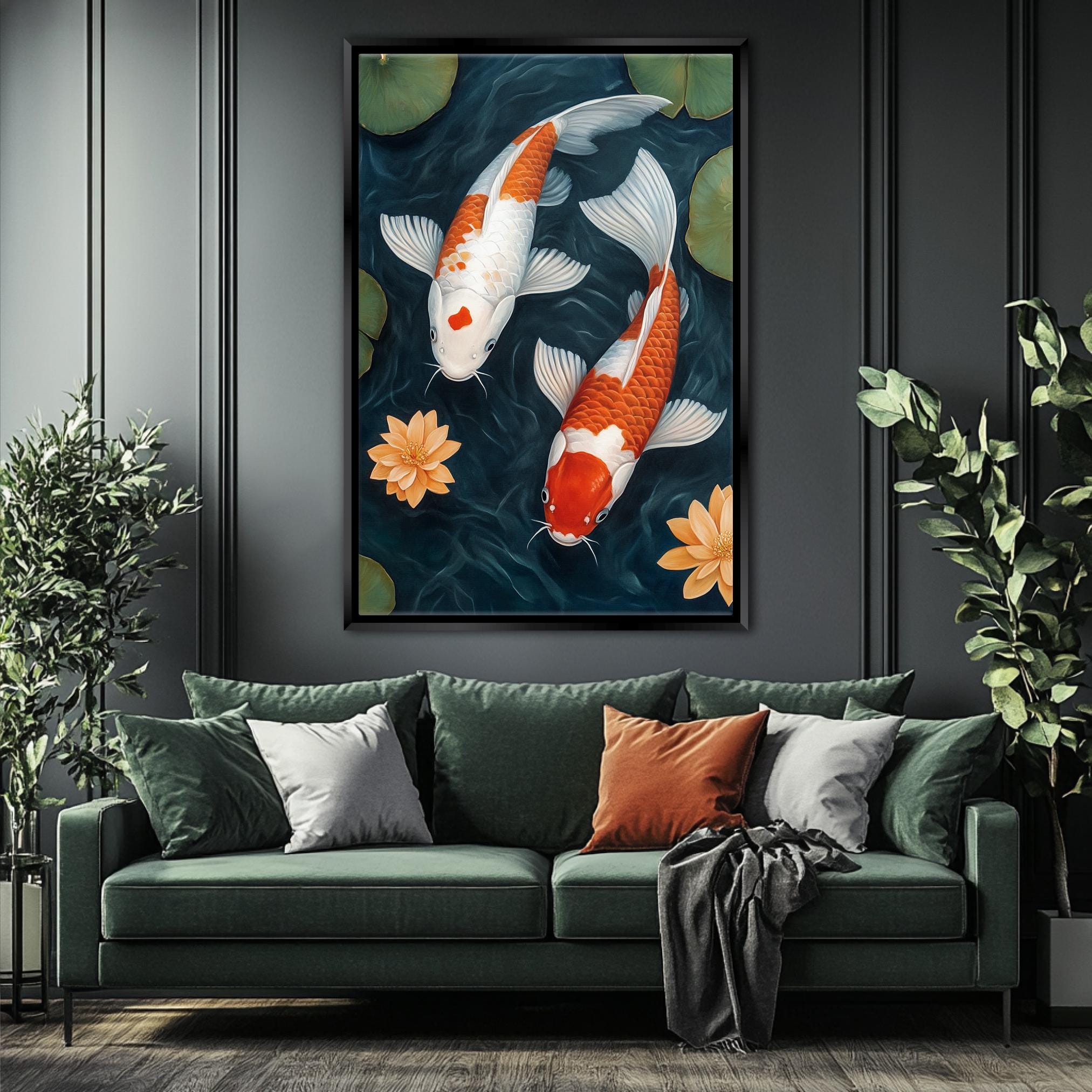 a living room with a couch and a painting on the wall
