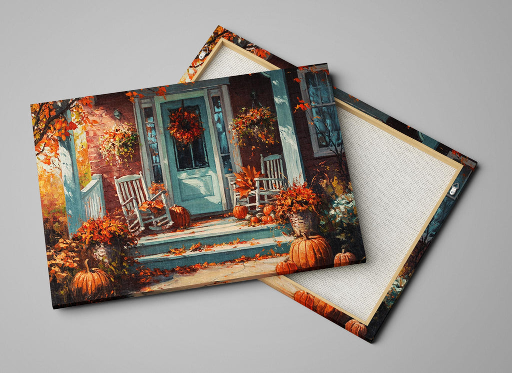 a cozy autumn scene with a porch adorned with pumpkins, a wreath, and a rocking chair. The porch is framed by a brick wall and a blue door, creating a warm and inviting atmosphere.