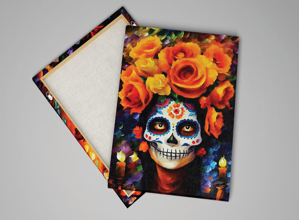 Dia De Los Muertos Canvas – Vibrant Sugar Skull Painting on Gallery Ready Wooden Frame