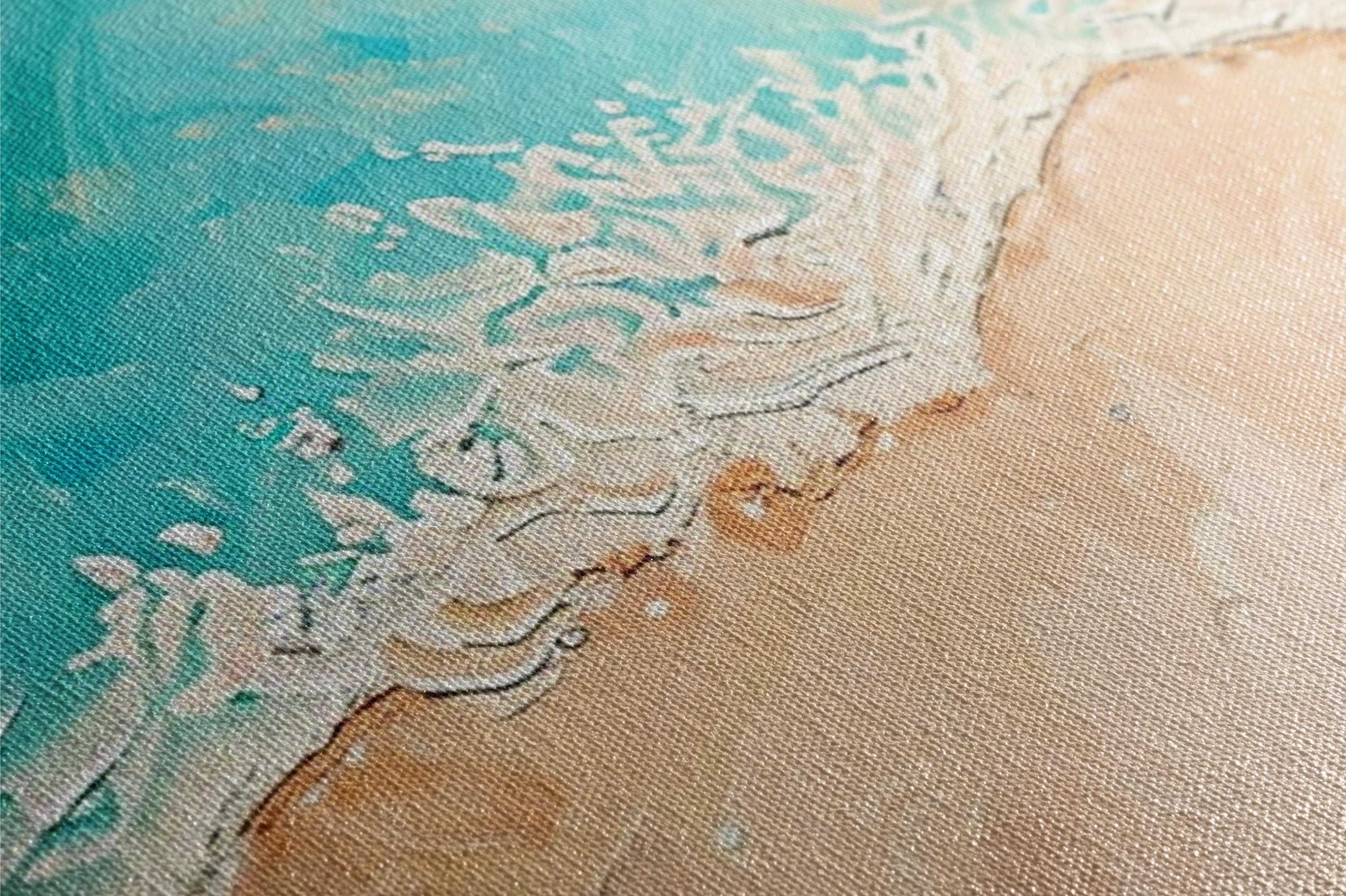 a close up of a painting of a beach