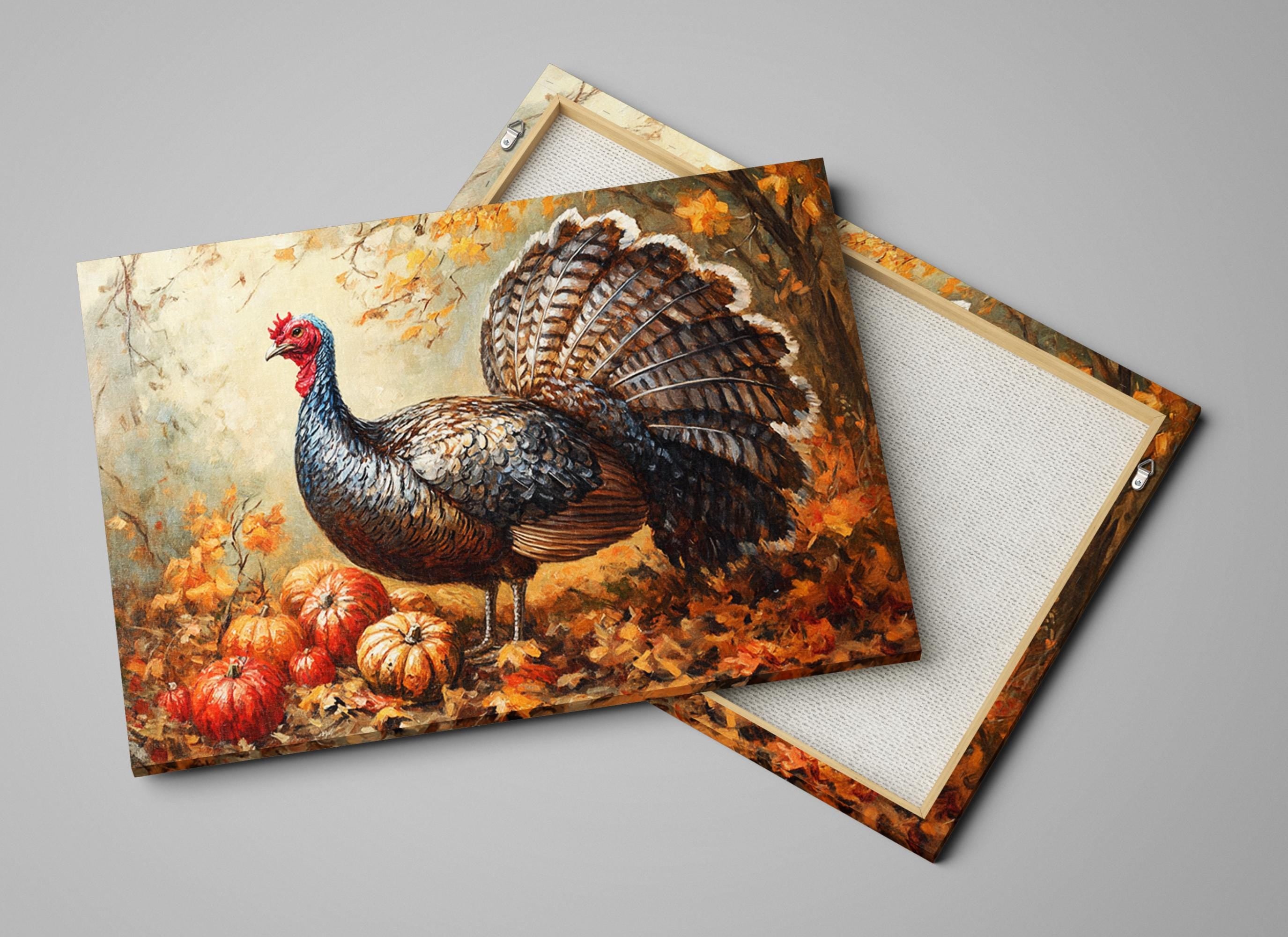 a turkey standing on a bed of autumn leaves, surrounded by pumpkins.