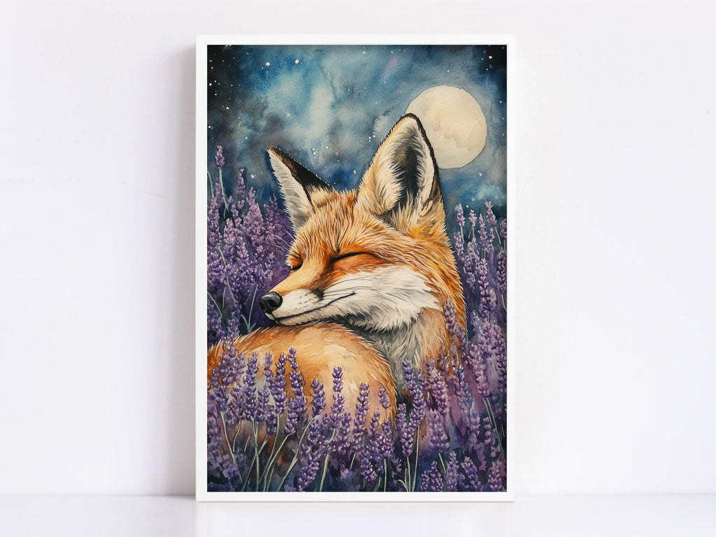 A painting of a fox resting in a field of purple flowers, with a full moon in the background.