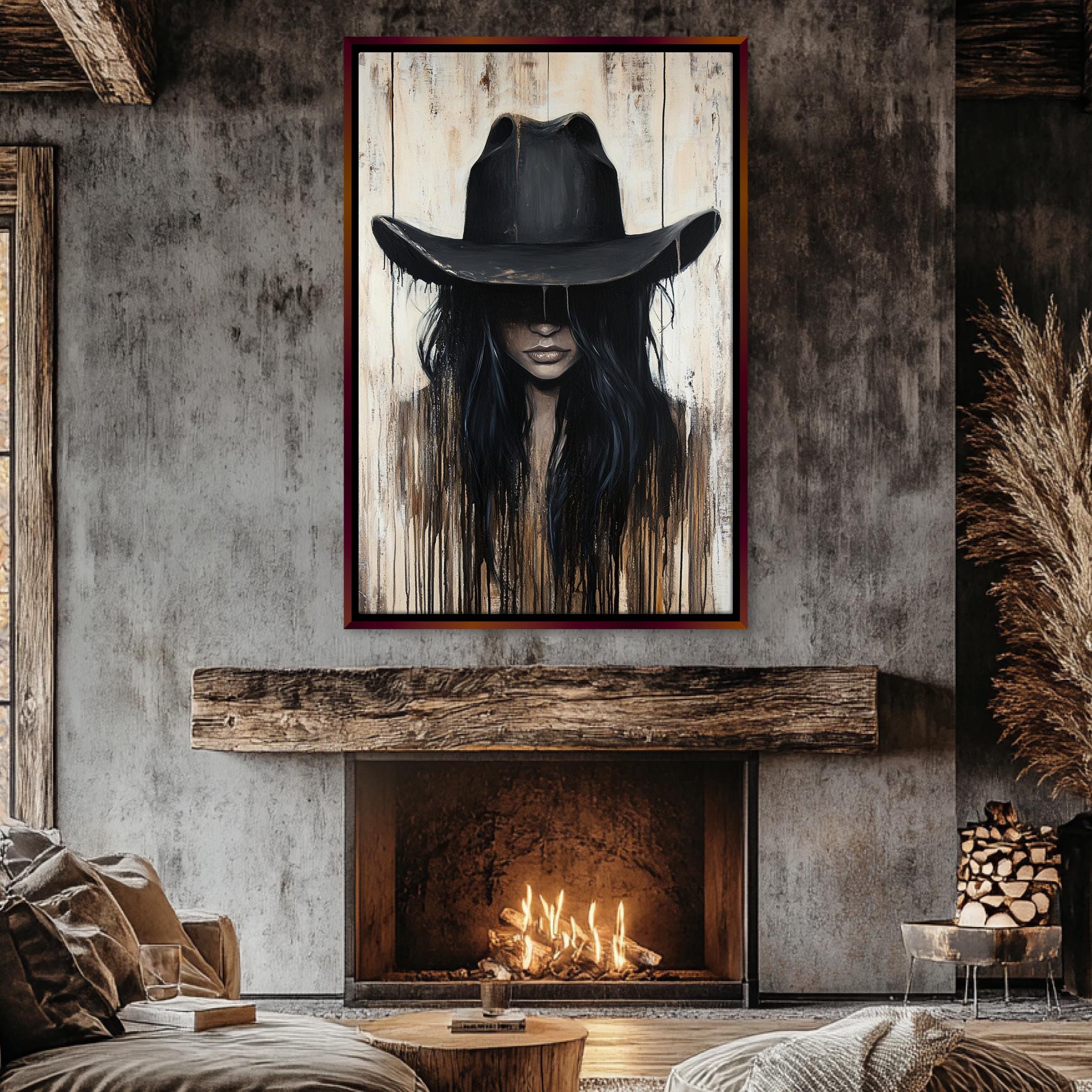 a painting of a woman wearing a cowboy hat