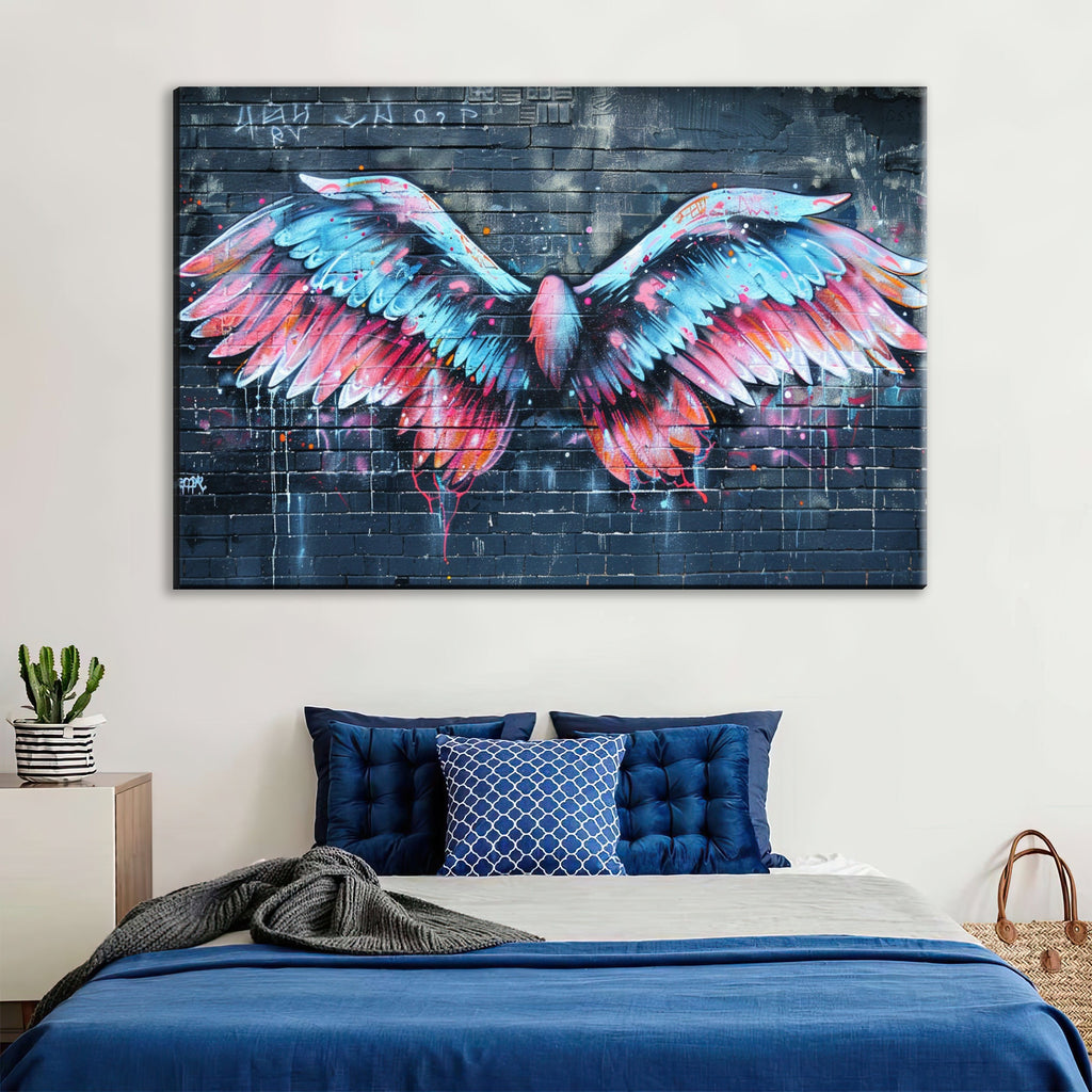 Graffiti Angel Wings Art – Vibrant Urban Street Canvas Wall Art, Ready to Hang